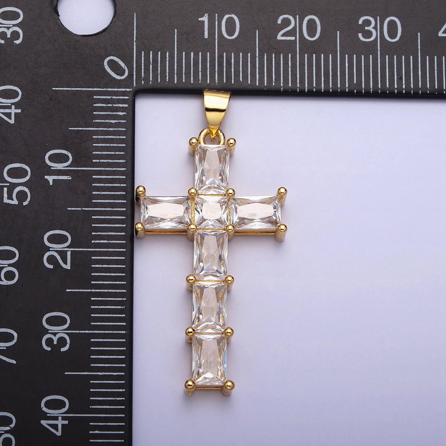 Long gold plated emerald cut cz cross religious charm pendant minimalist jewelry religious cross charm necklace with bail aa255