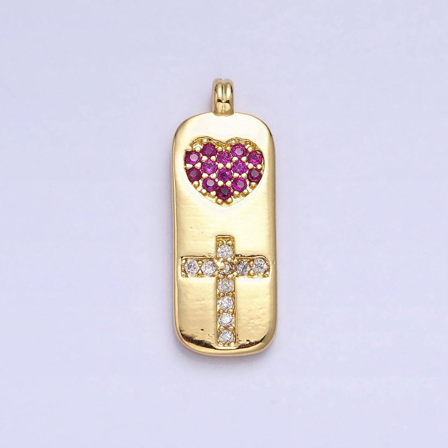 Fuchsia heart with clear cz cross in gold tag charm for dangle religious jewelry supply aa237