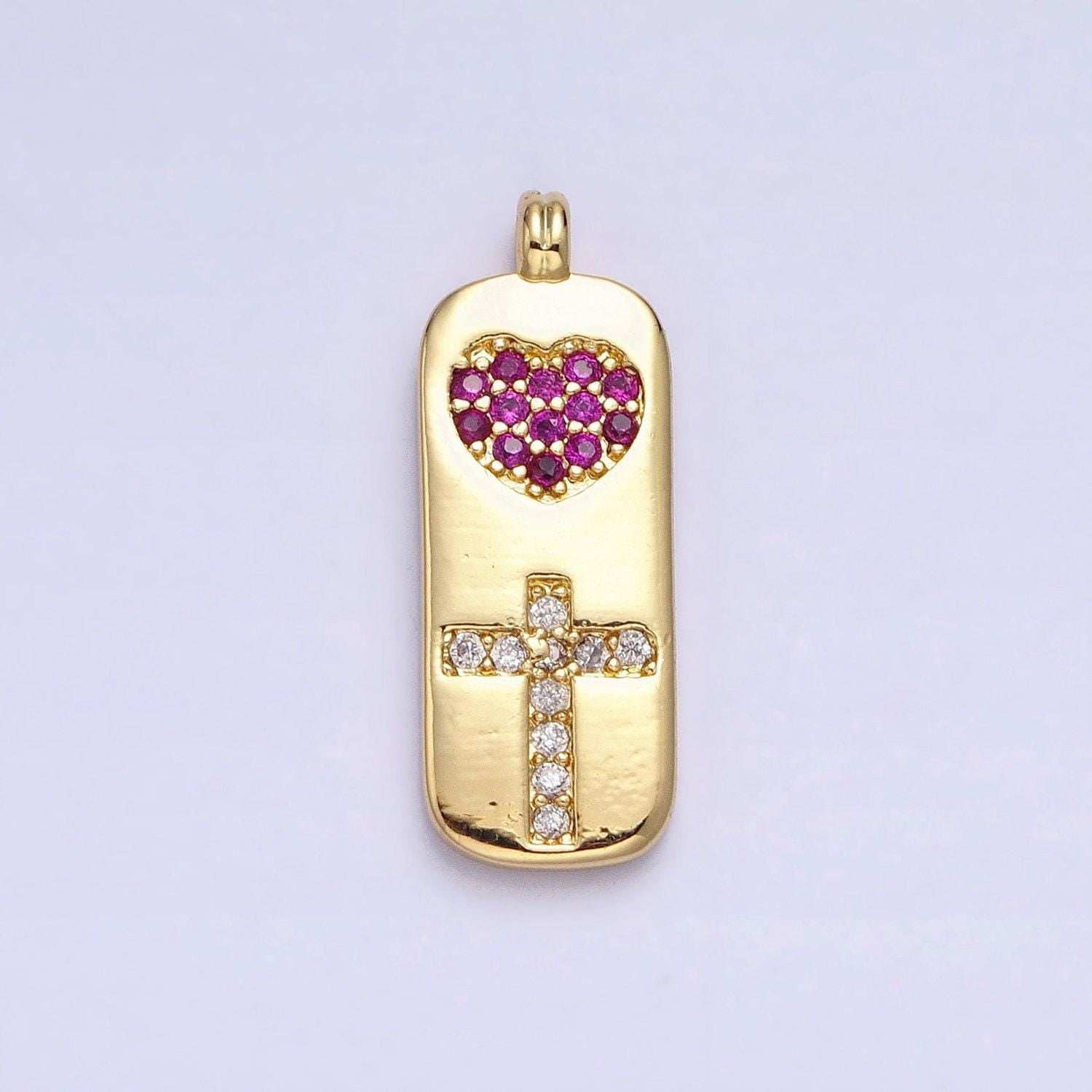 Fuchsia heart with clear cz cross in gold tag charm for dangle religious jewelry supply aa237
