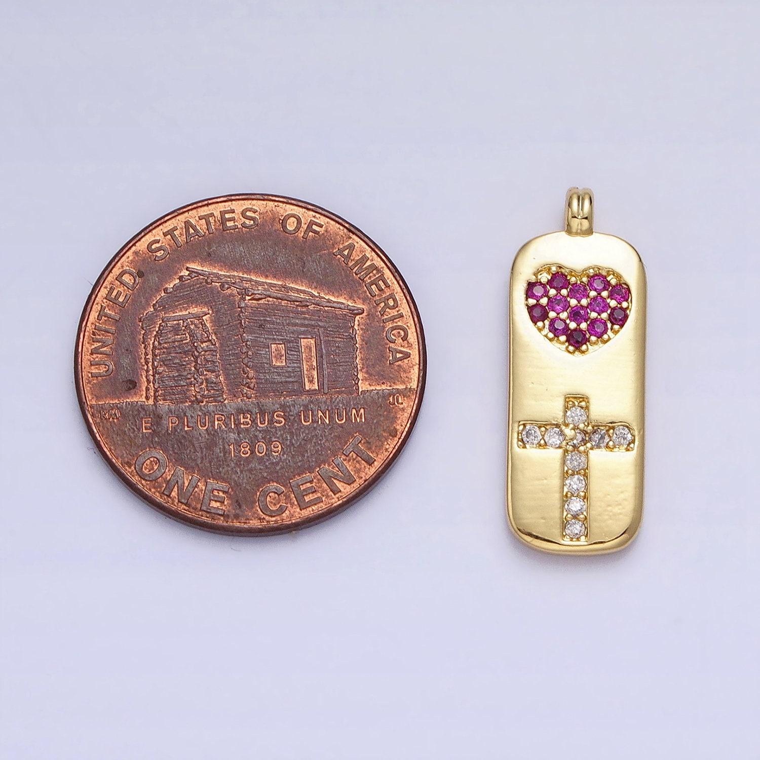 Fuchsia heart with clear cz cross in gold tag charm for dangle religious jewelry supply aa237