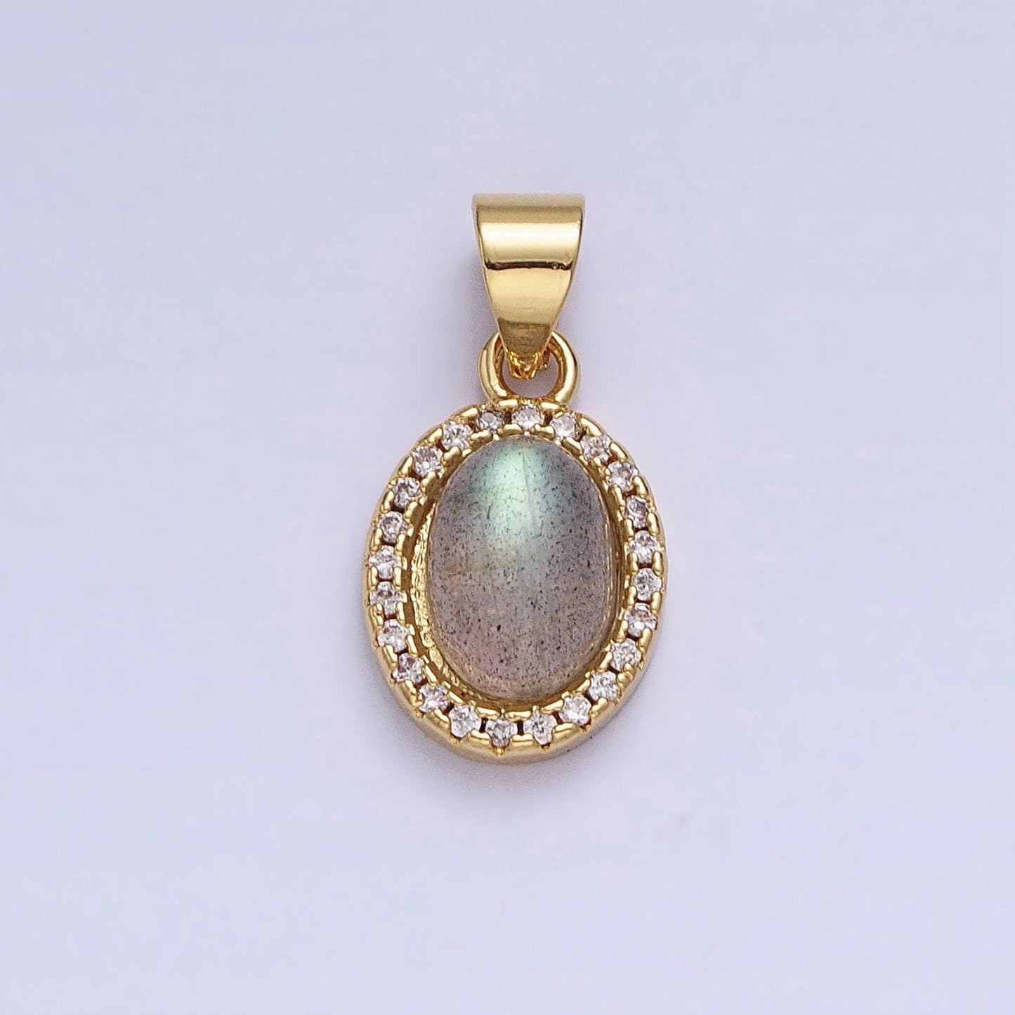 Labradorite oval charm 18.4x9.3mm gemstone pendant in 24k gold filled bezel with micro pave cz stone aa178