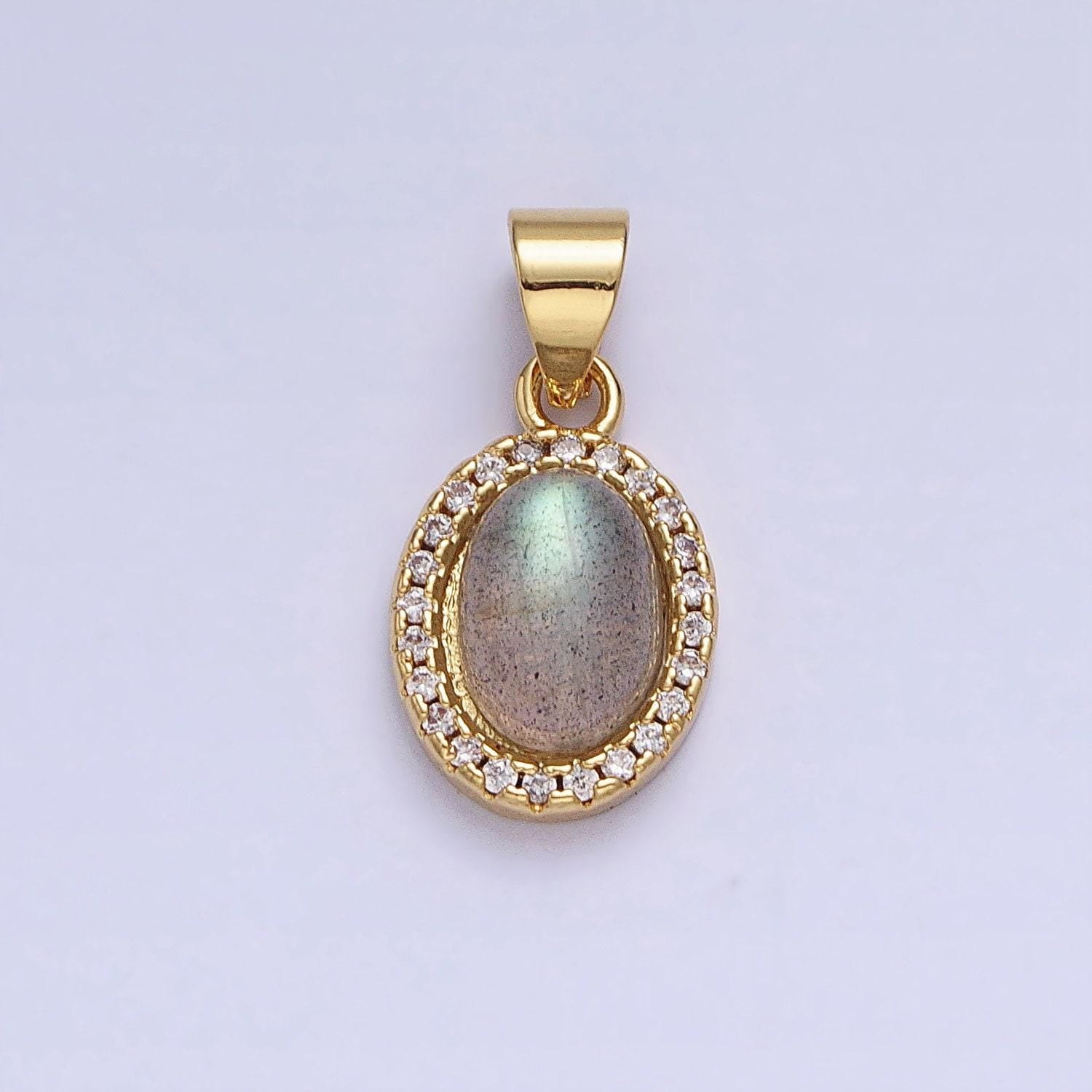Labradorite oval charm 18.4x9.3mm gemstone pendant in 24k gold filled bezel with micro pave cz stone aa178