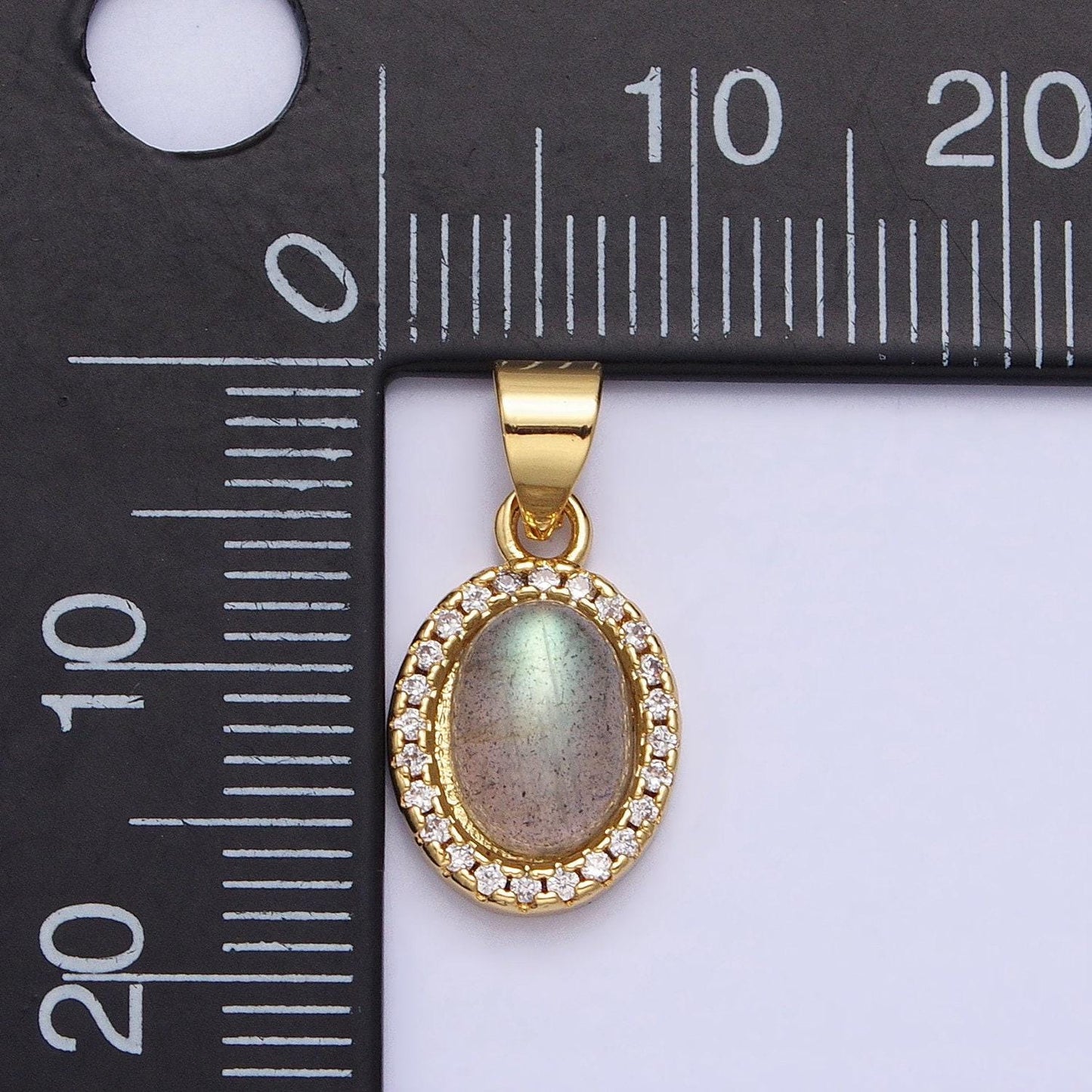 Labradorite oval charm 18.4x9.3mm gemstone pendant in 24k gold filled bezel with micro pave cz stone aa178