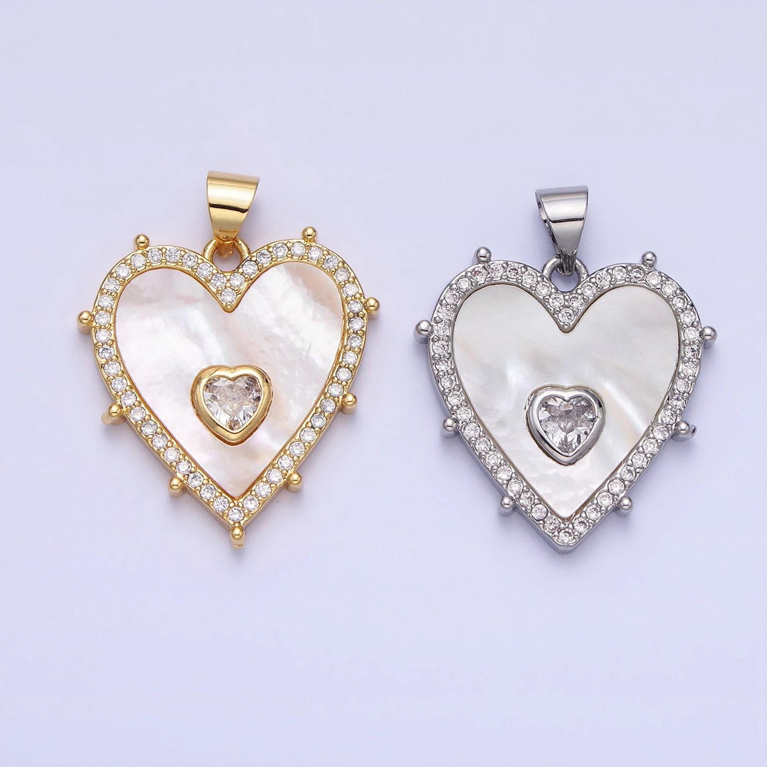 Gold, silver heart shell pearl micro paved cz pendant for mother day gift handmade jewelry supply | aa165 aa166