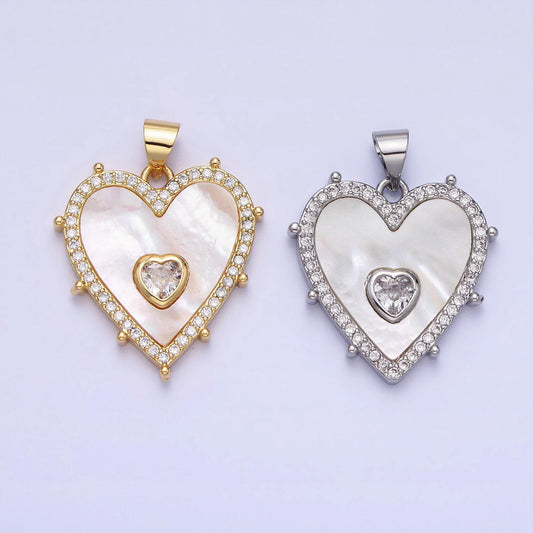 Gold, silver heart shell pearl micro paved cz pendant for mother day gift handmade jewelry supply | aa165 aa166