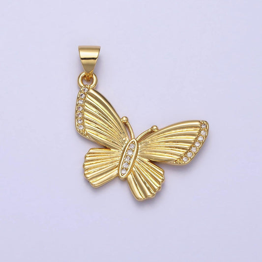 Mini gold butterfly mariposa textured sunburst clear micro paved cz pendant | aa156