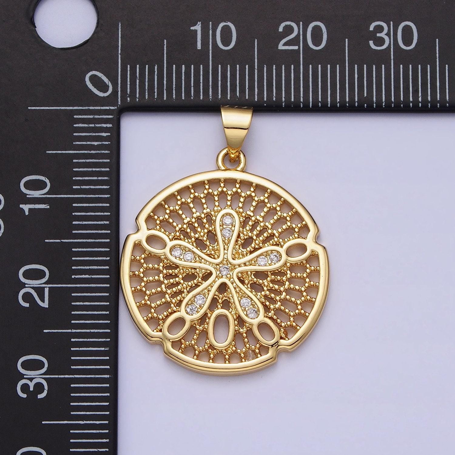 Gold splat flower charm cz filigree geometric medallion round pendant | aa153