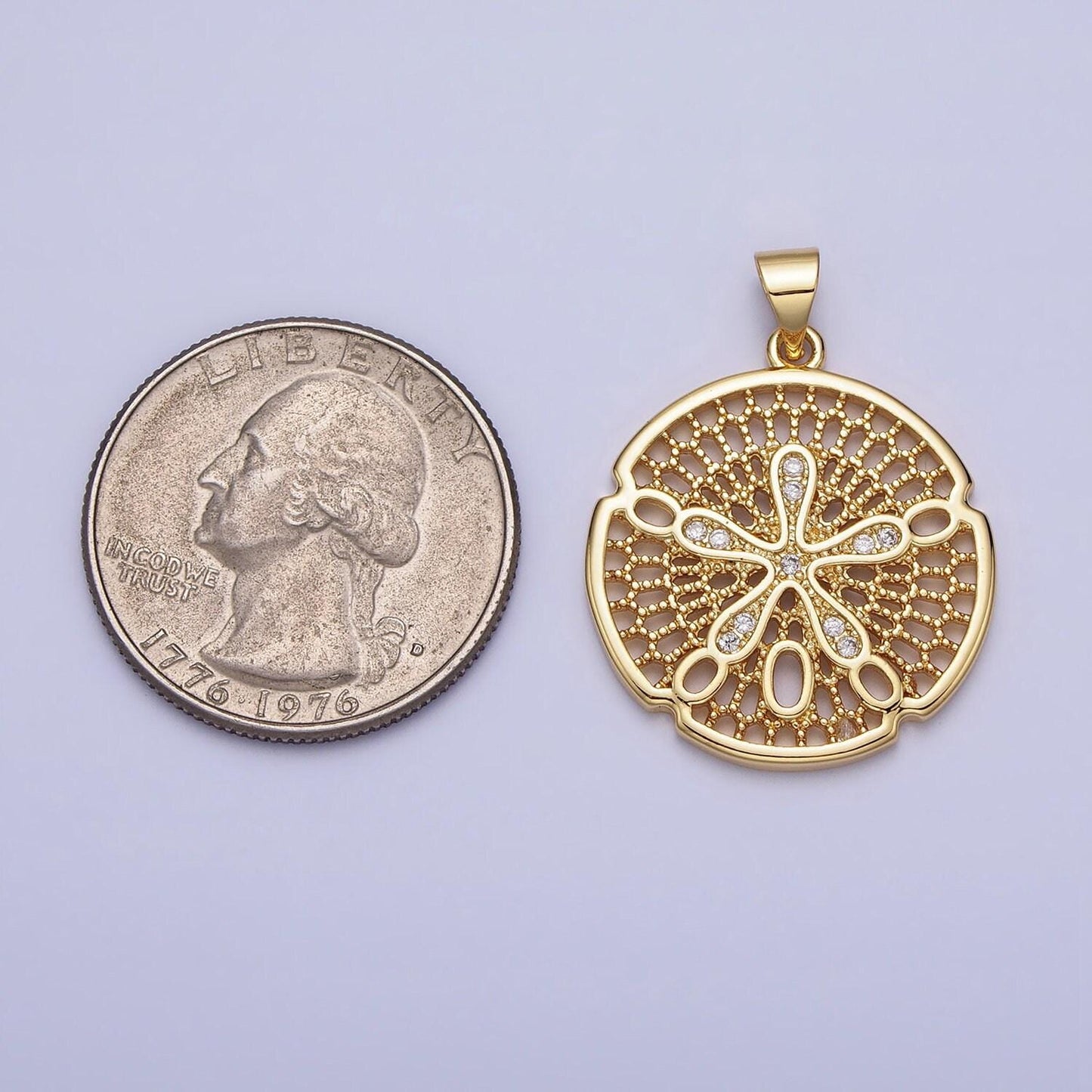 Gold splat flower charm cz filigree geometric medallion round pendant | aa153