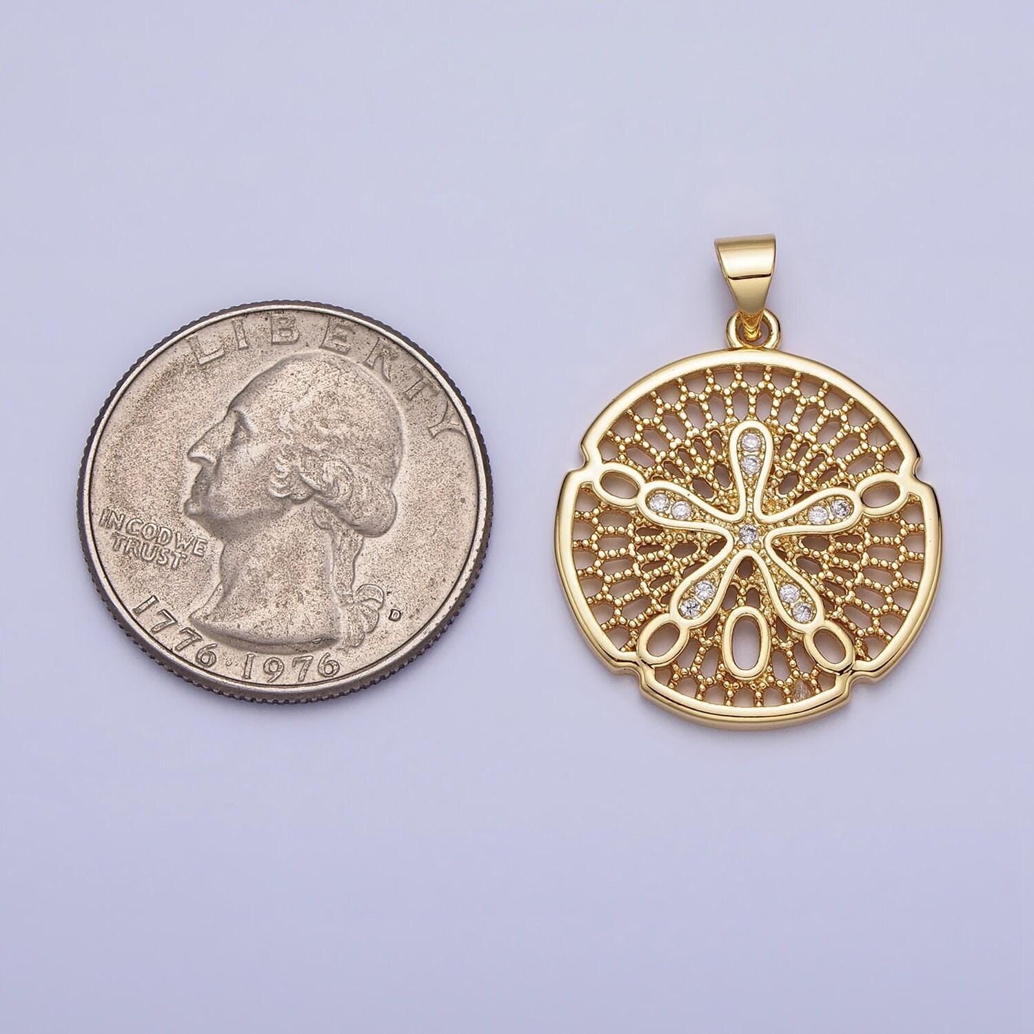 Gold splat flower charm cz filigree geometric medallion round pendant | aa153