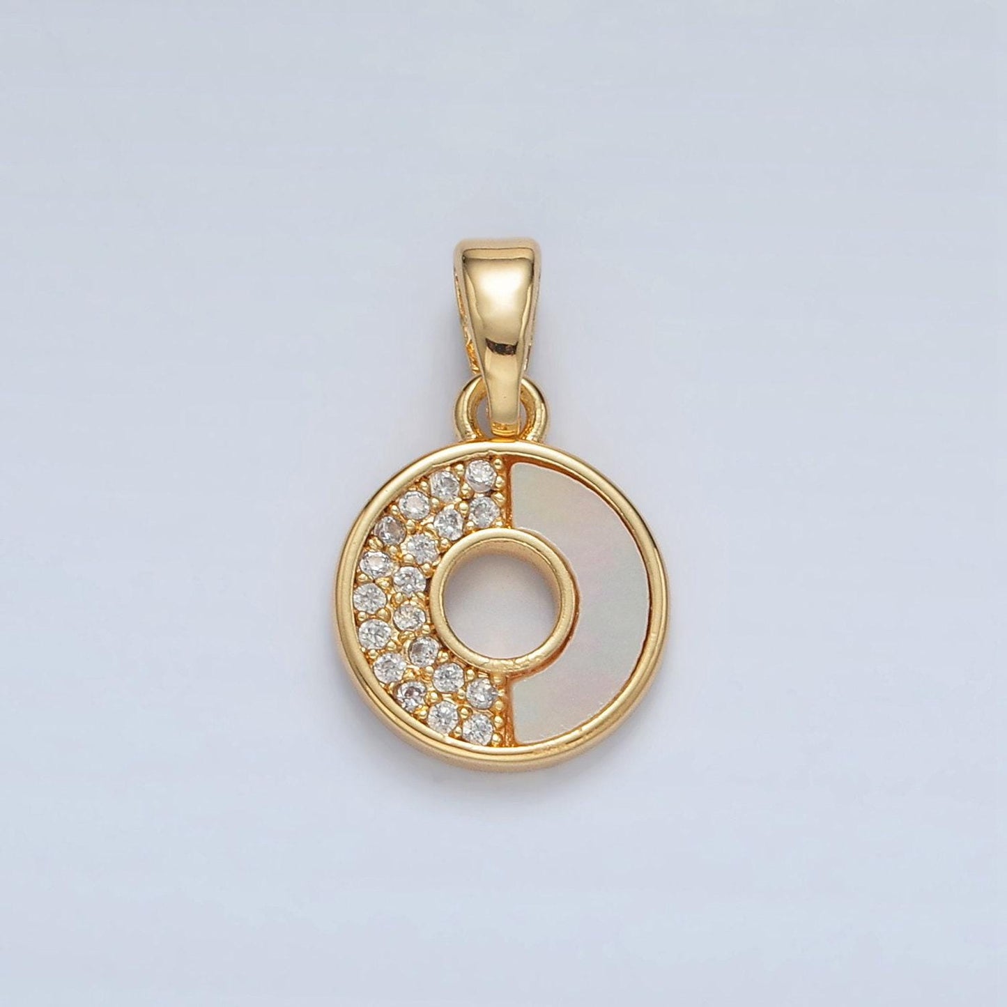 Mini 24k gold filled paved clear cz and shell pearl on round open charm in gold & silver | aa1520