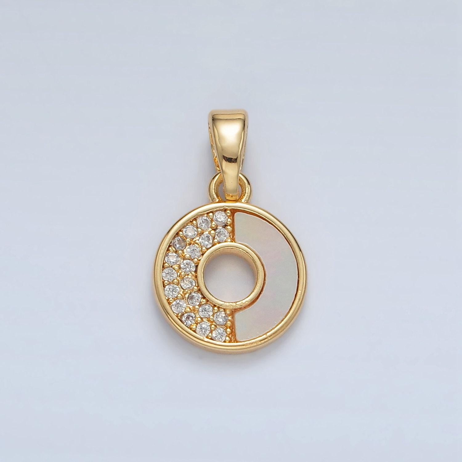 Mini 24k gold filled paved clear cz and shell pearl on round open charm in gold & silver | aa1520
