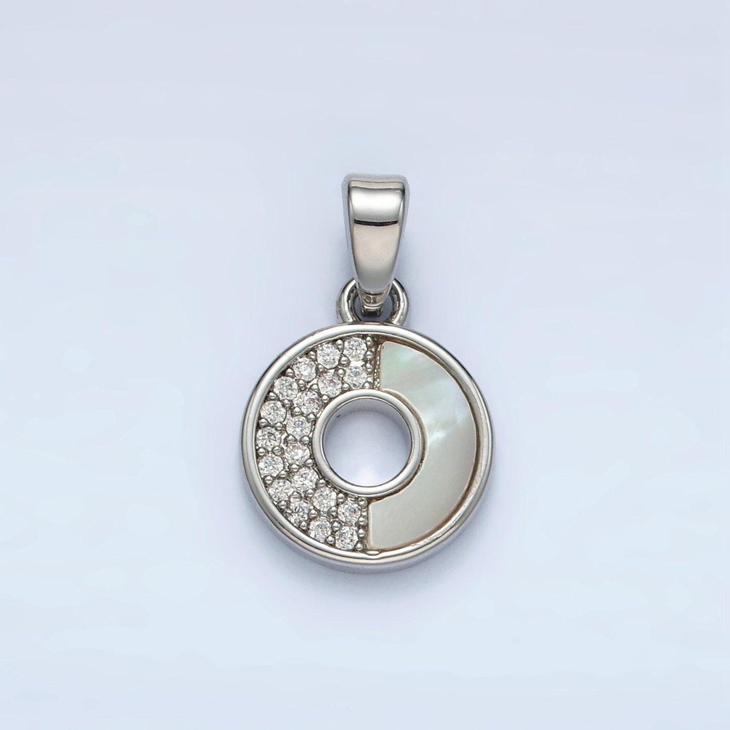 Mini 24k gold filled paved clear cz and shell pearl on round open charm in gold & silver | aa1520