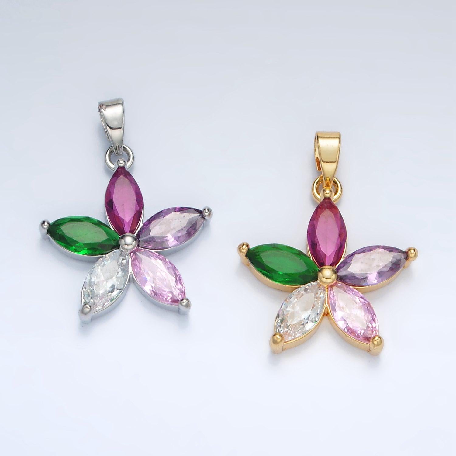 24k gold filled multicolor marquise cz flower pendant in gold & silver | aa1386