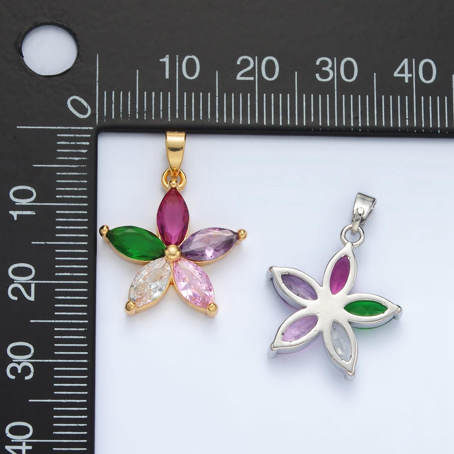 24k gold filled multicolor marquise cz flower pendant in gold & silver | aa1386
