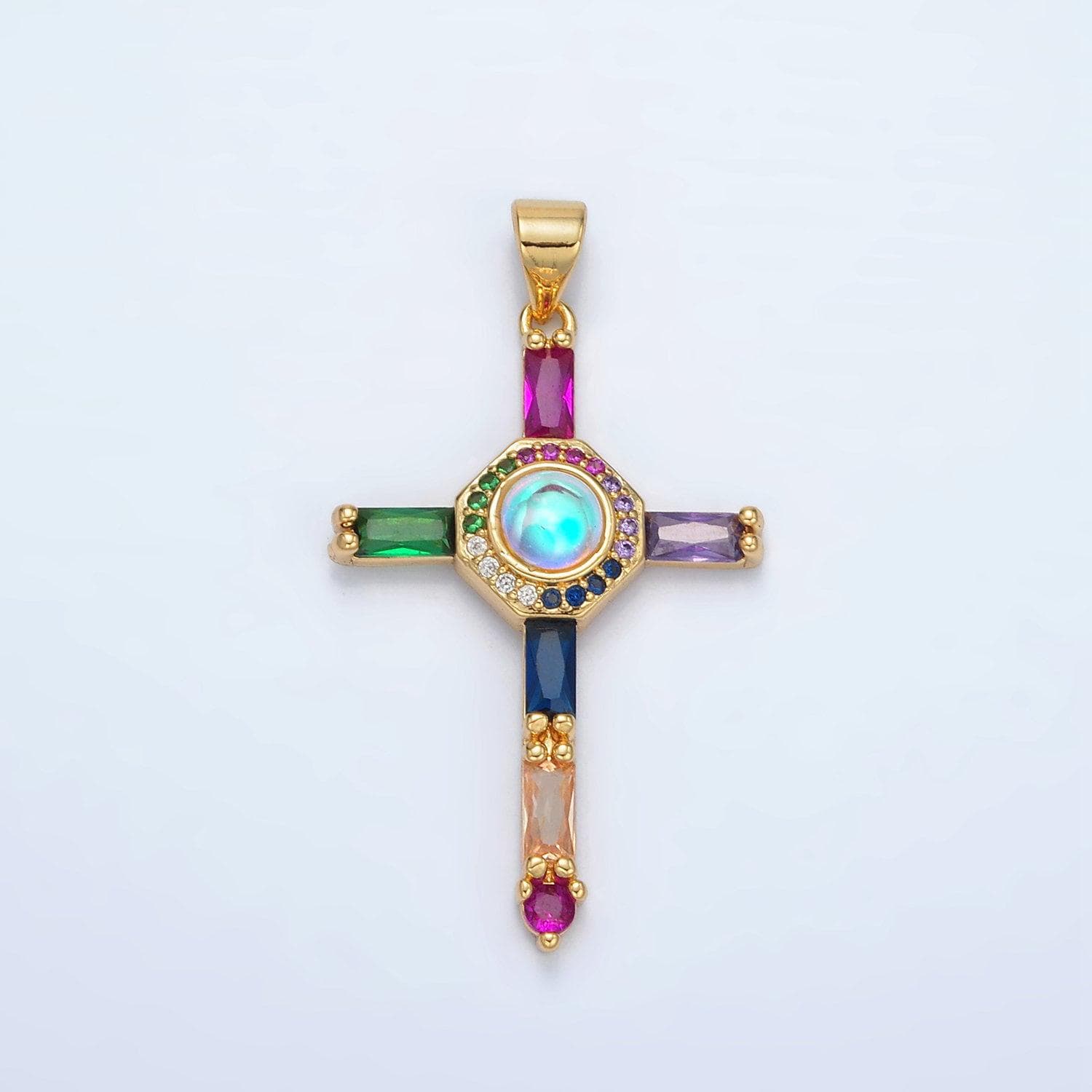 24k gold filled rainbow baguette micro paved cz cross pendant for religious jewelry necklace charm | aa1365