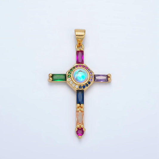 24k gold filled rainbow baguette micro paved cz cross pendant for religious jewelry necklace charm | aa1365