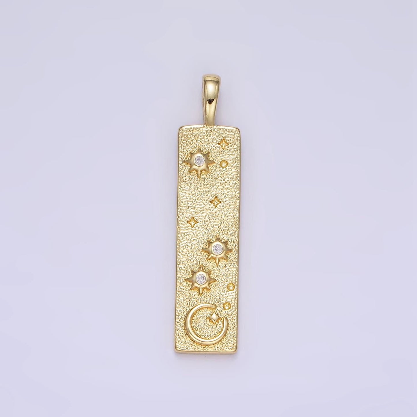 24k gold filled hammered rustic long bar cosmic celestial crescent moon star textured tag charm | aa1350