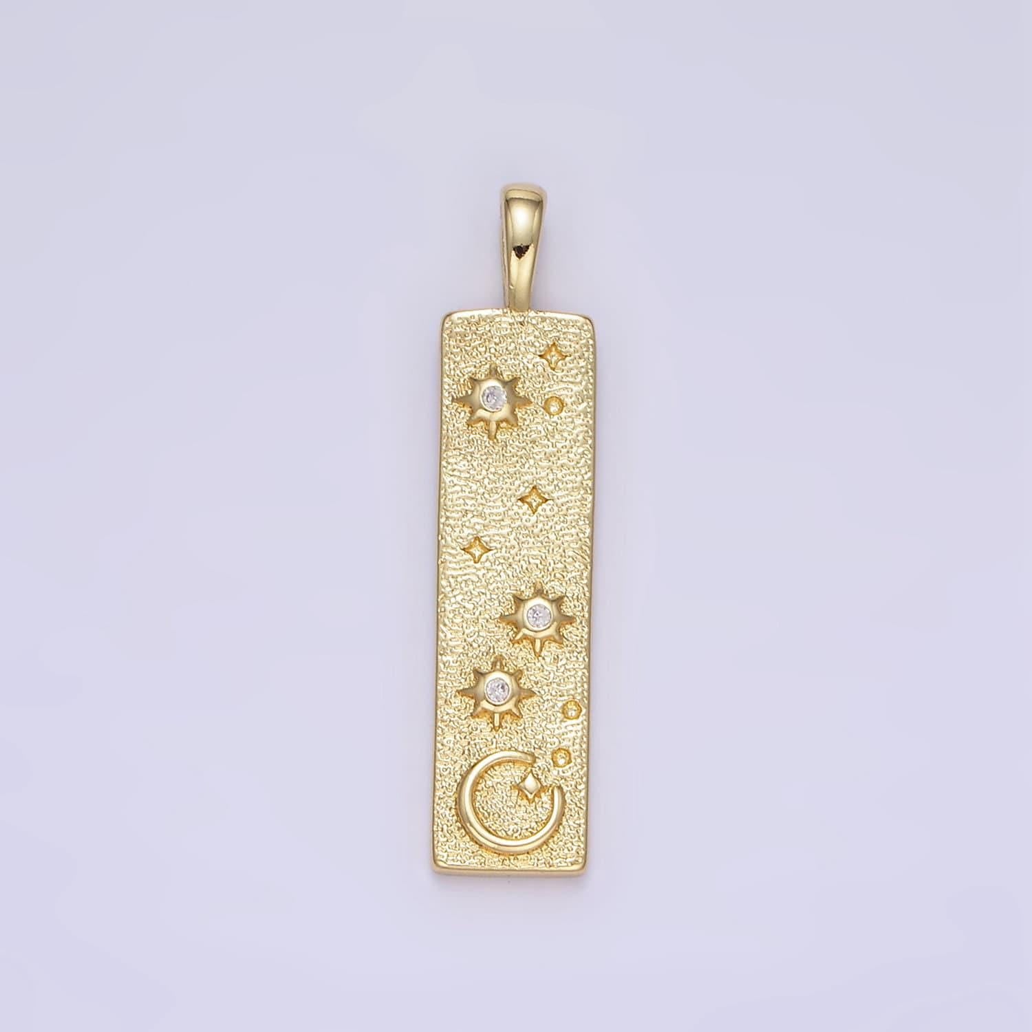 24k gold filled hammered rustic long bar cosmic celestial crescent moon star textured tag charm | aa1350