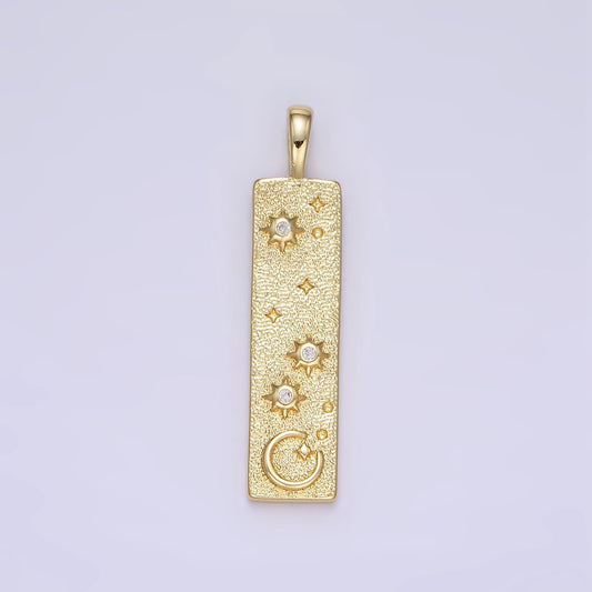 24k gold filled hammered rustic long bar cosmic celestial crescent moon star textured tag charm | aa1350