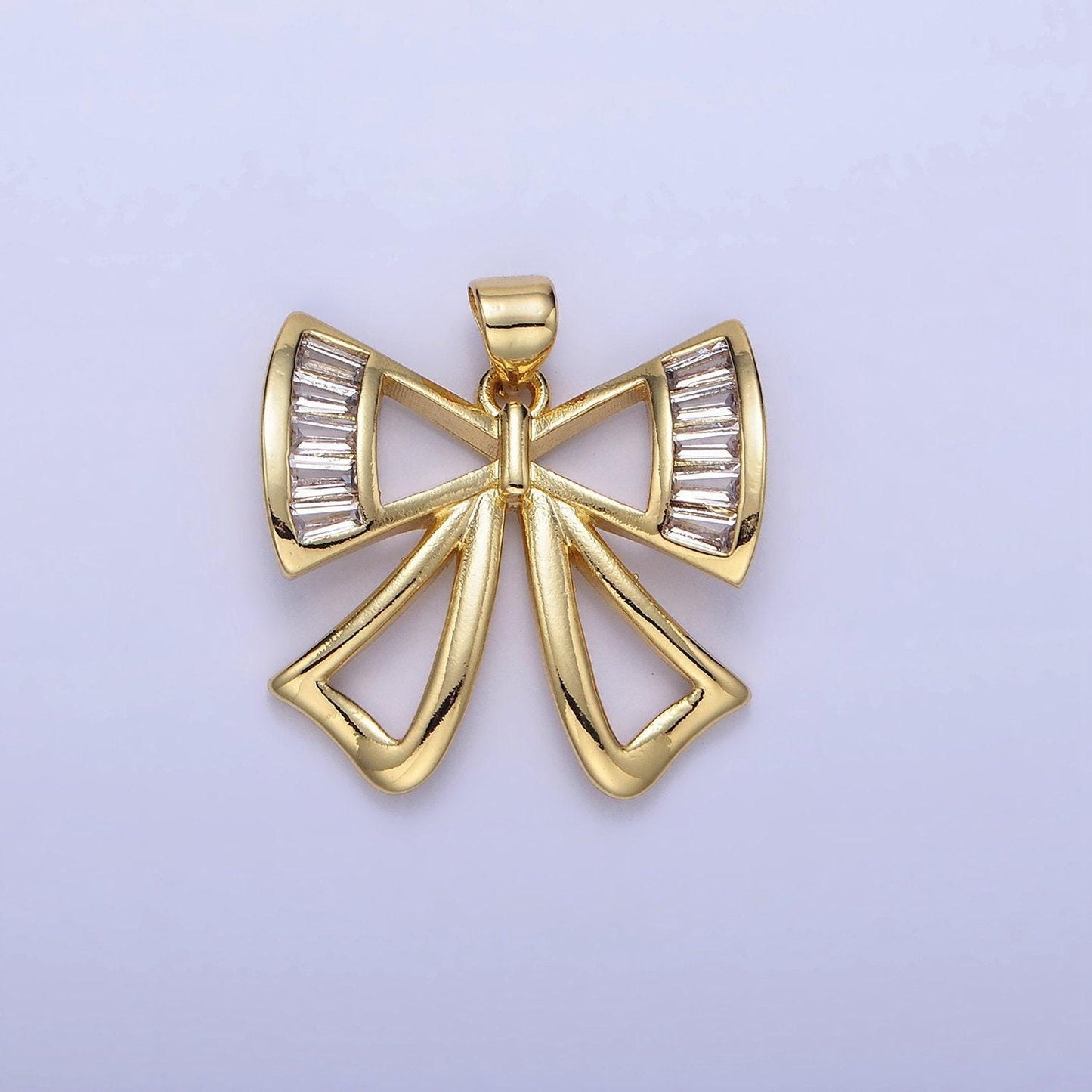 Clear baguette cz ribbon bow charm 21mm gold filled dainty bow pendant | aa1320