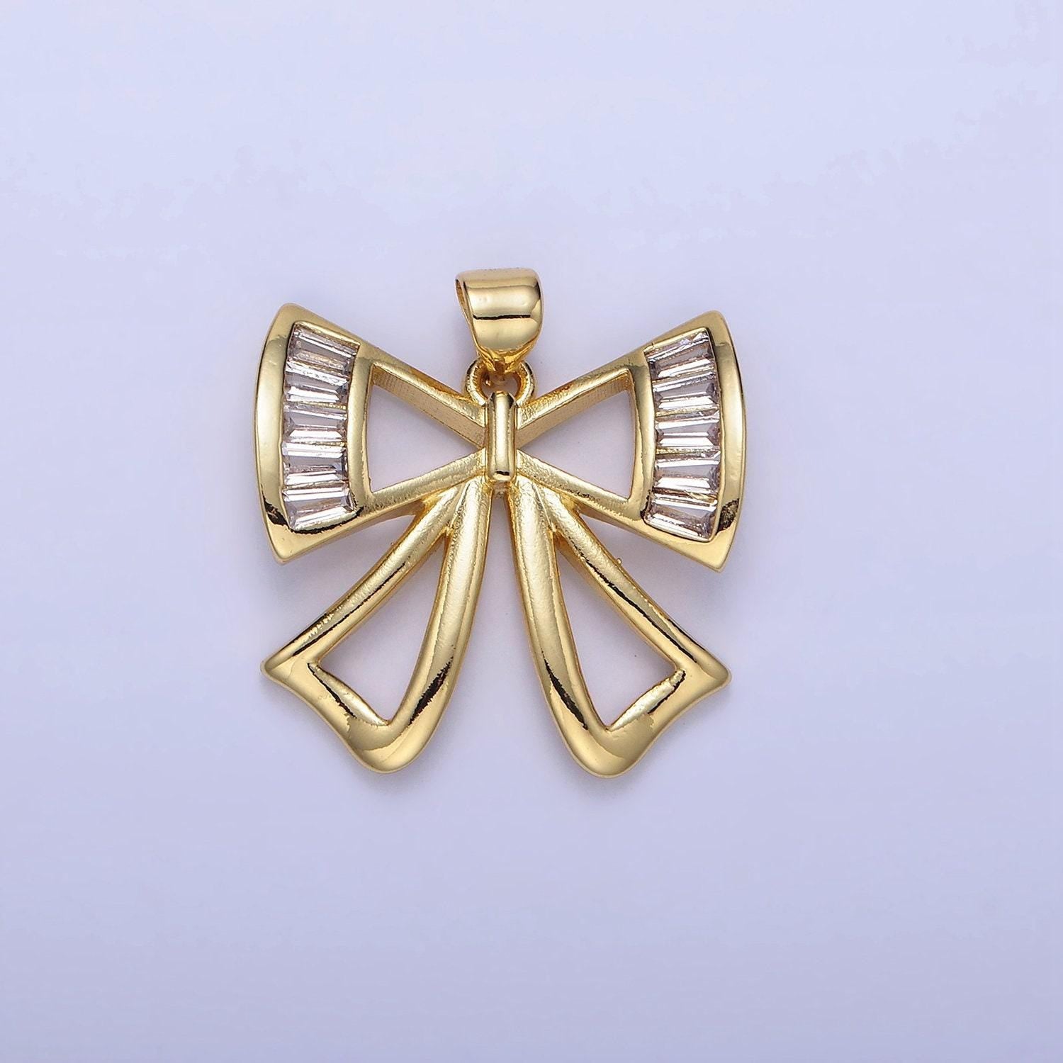 Clear baguette cz ribbon bow charm 21mm gold filled dainty bow pendant | aa1320