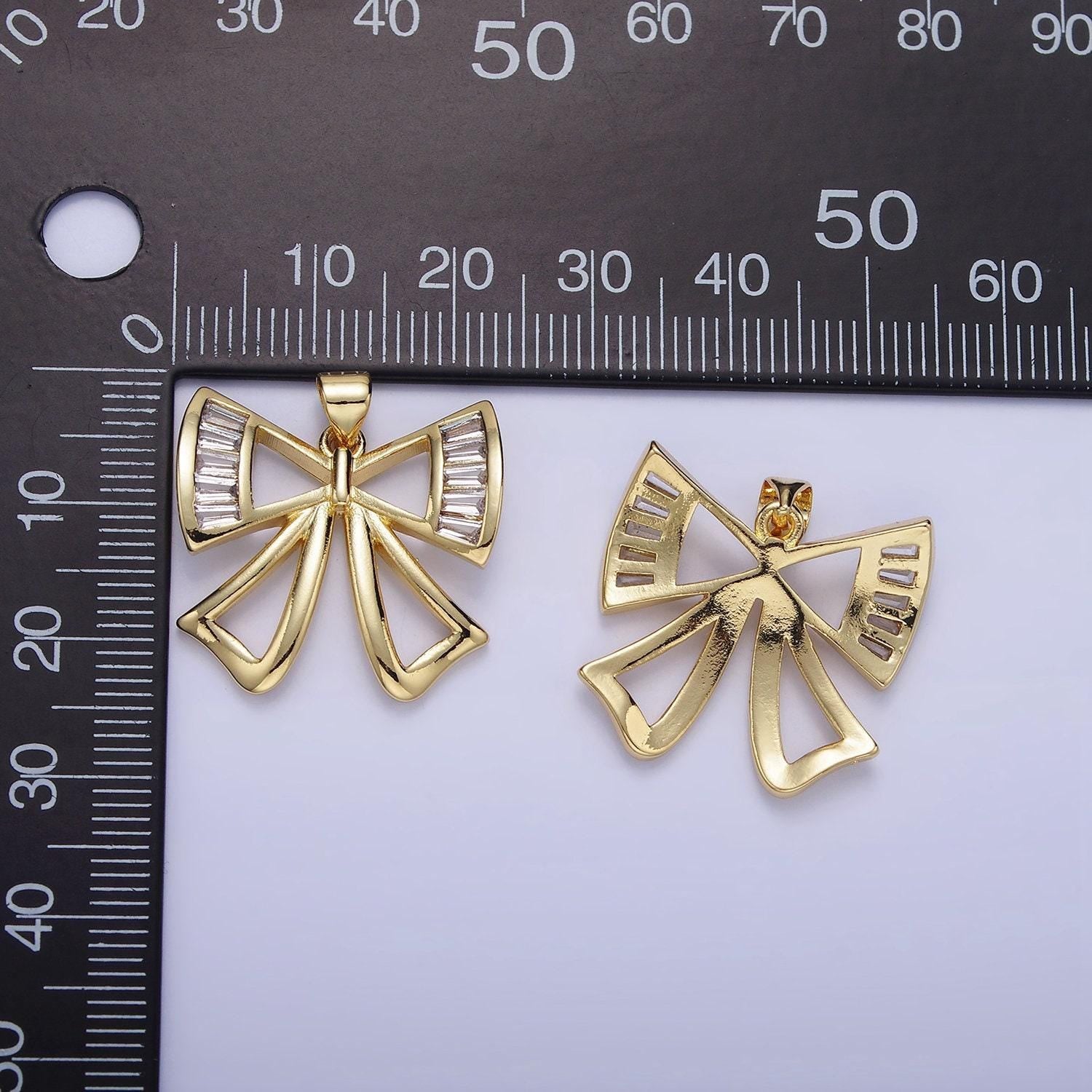 Clear baguette cz ribbon bow charm 21mm gold filled dainty bow pendant | aa1320