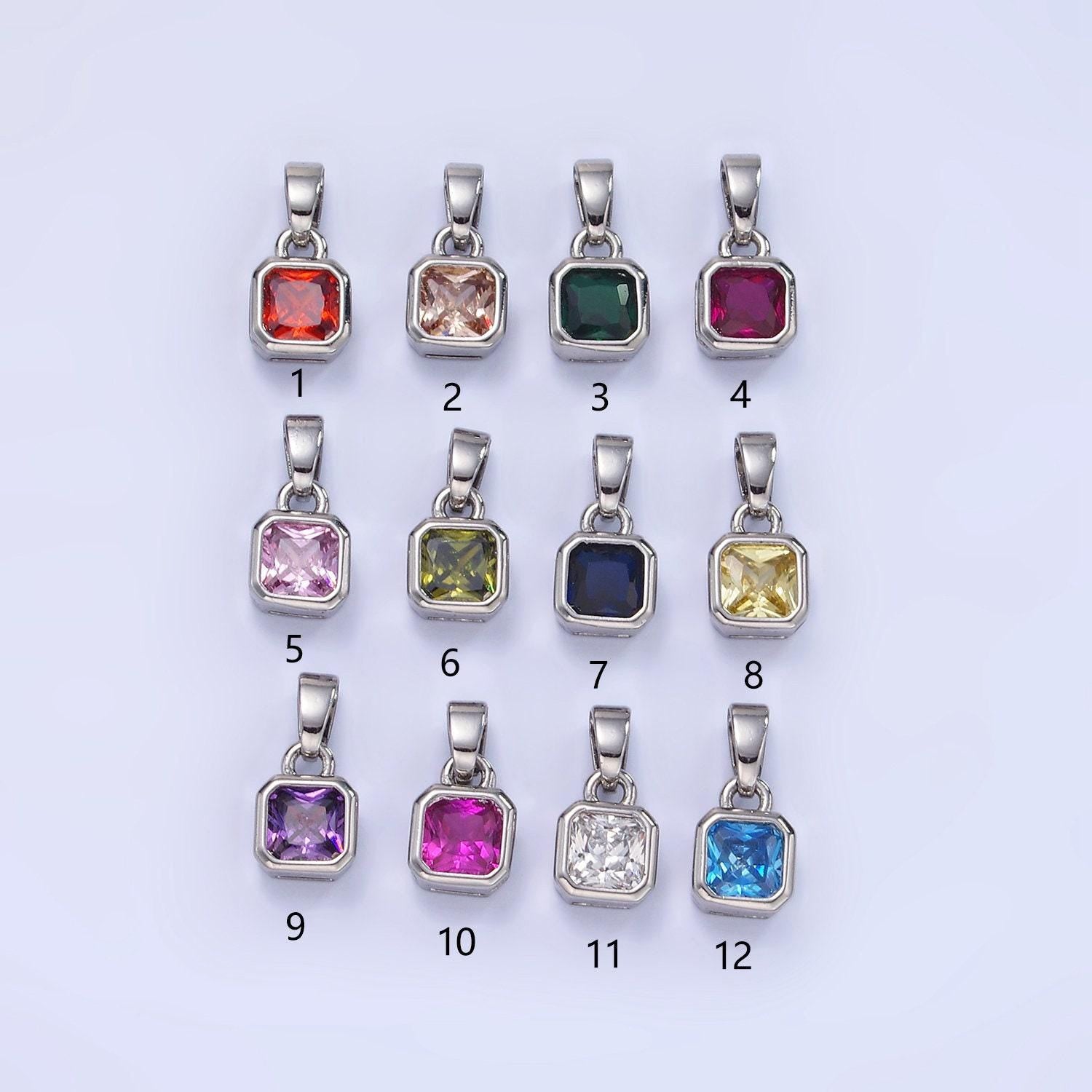 Silver square multifaceted cubic zirconia stone personalized tag add-on charm birthstone charm earring bracelet supply | aa-1297