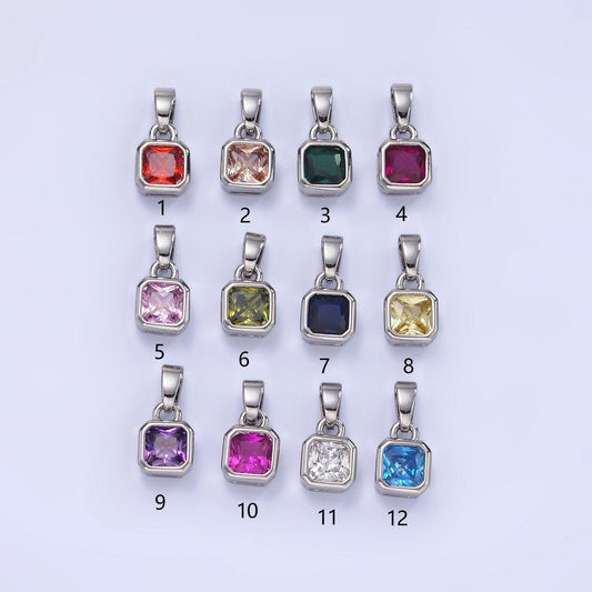 Silver square multifaceted cubic zirconia stone personalized tag add-on charm birthstone charm earring bracelet supply | aa-1297