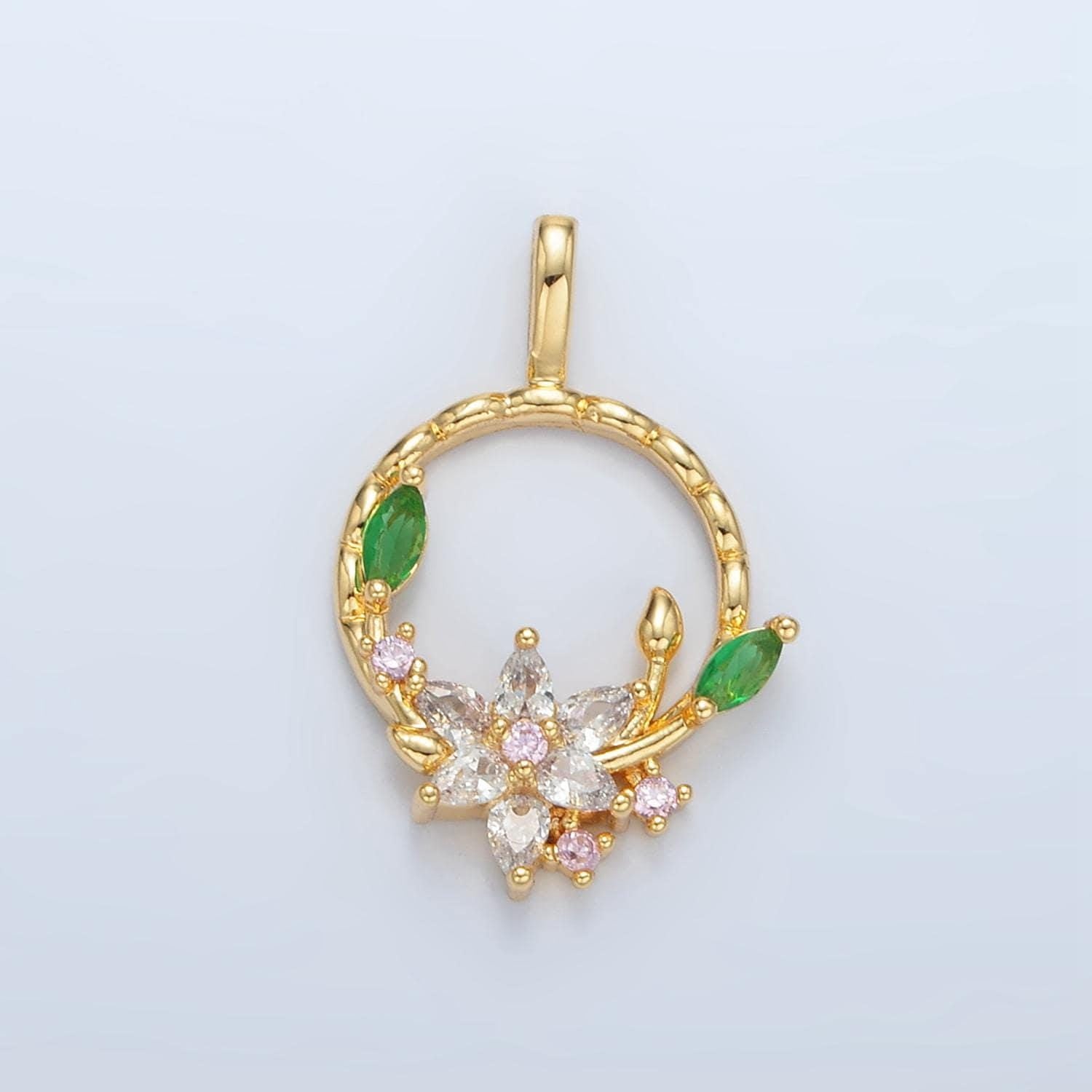 Round open leaf & flower cz wreath 24k gold filled charm aa-128