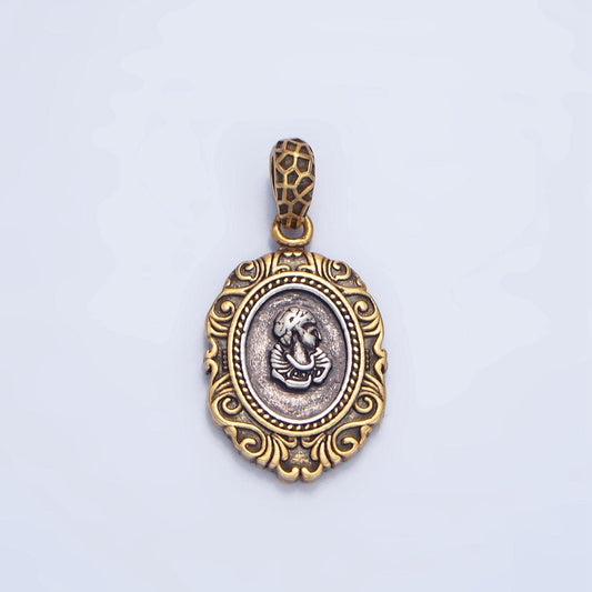 Ancient female greek head oval 14k gold filled pendant | aa-126