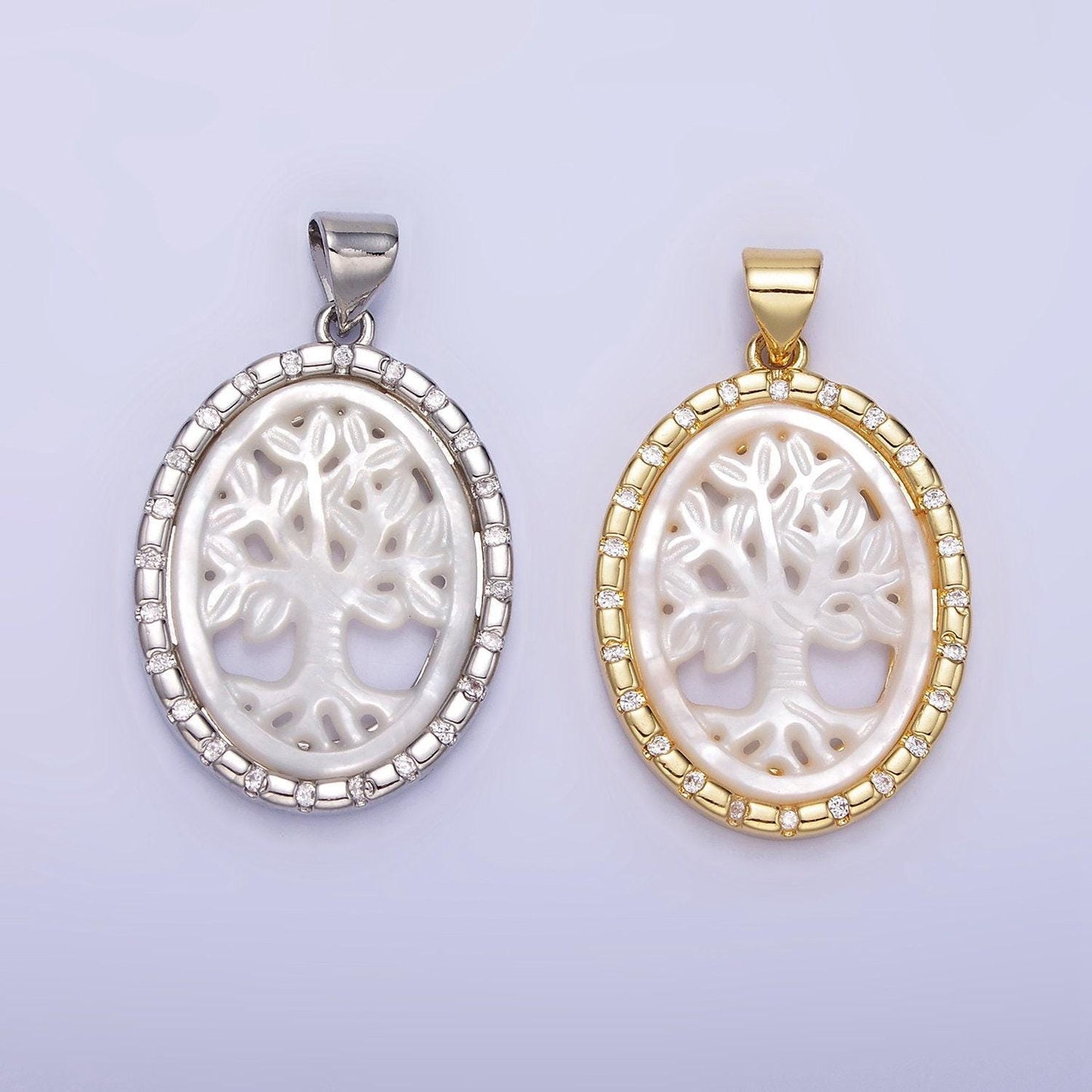 14k gold filled shell pearl tree of life charm medallion oval pendant | aa1257