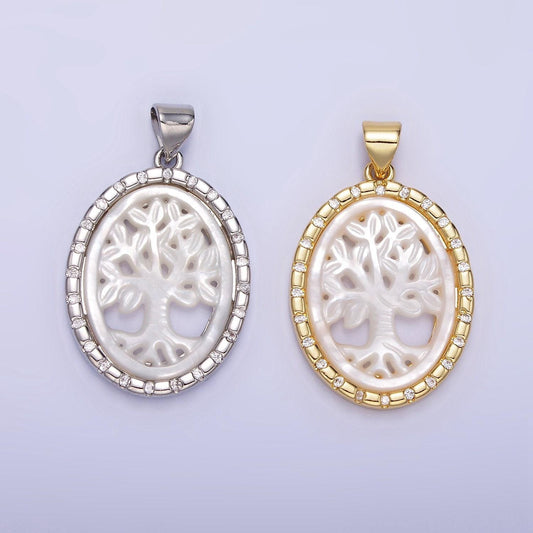 14k gold filled shell pearl tree of life charm medallion oval pendant | aa1257