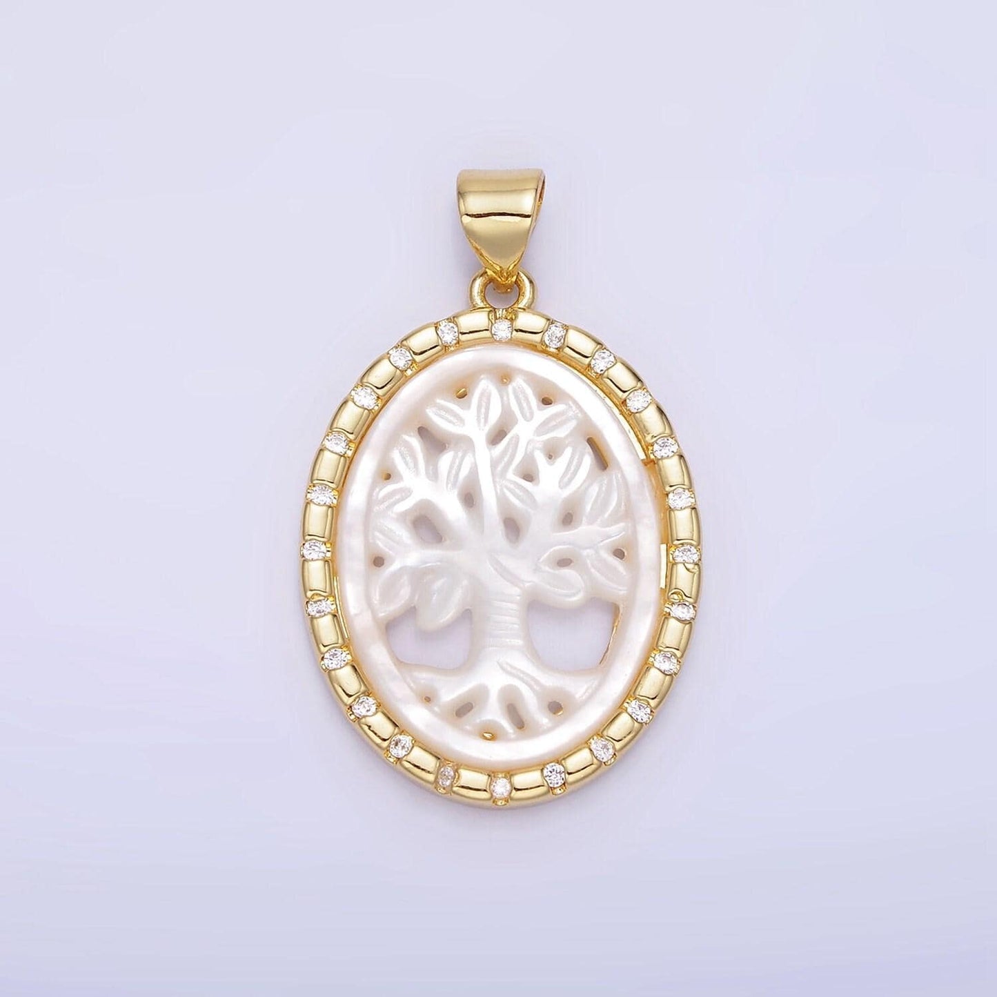 14k gold filled shell pearl tree of life charm medallion oval pendant | aa1257