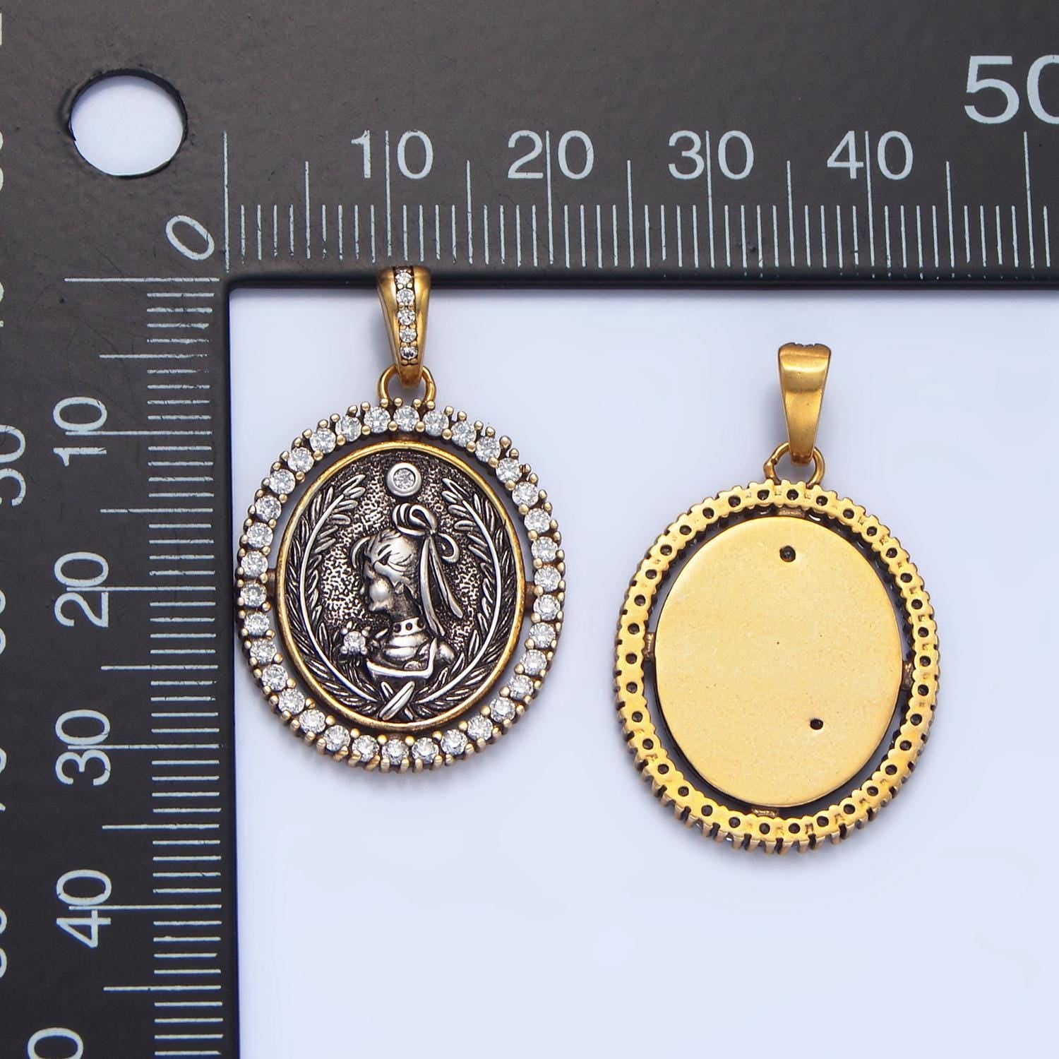 Ancient royal lady cz outline oval 24k gold filled pendant | aa-124