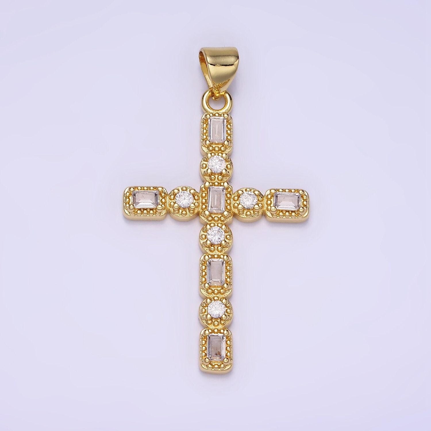 14k gold filled cz baguette round dotted bezel latin religious cross pendant in gold & silver | aa-1205