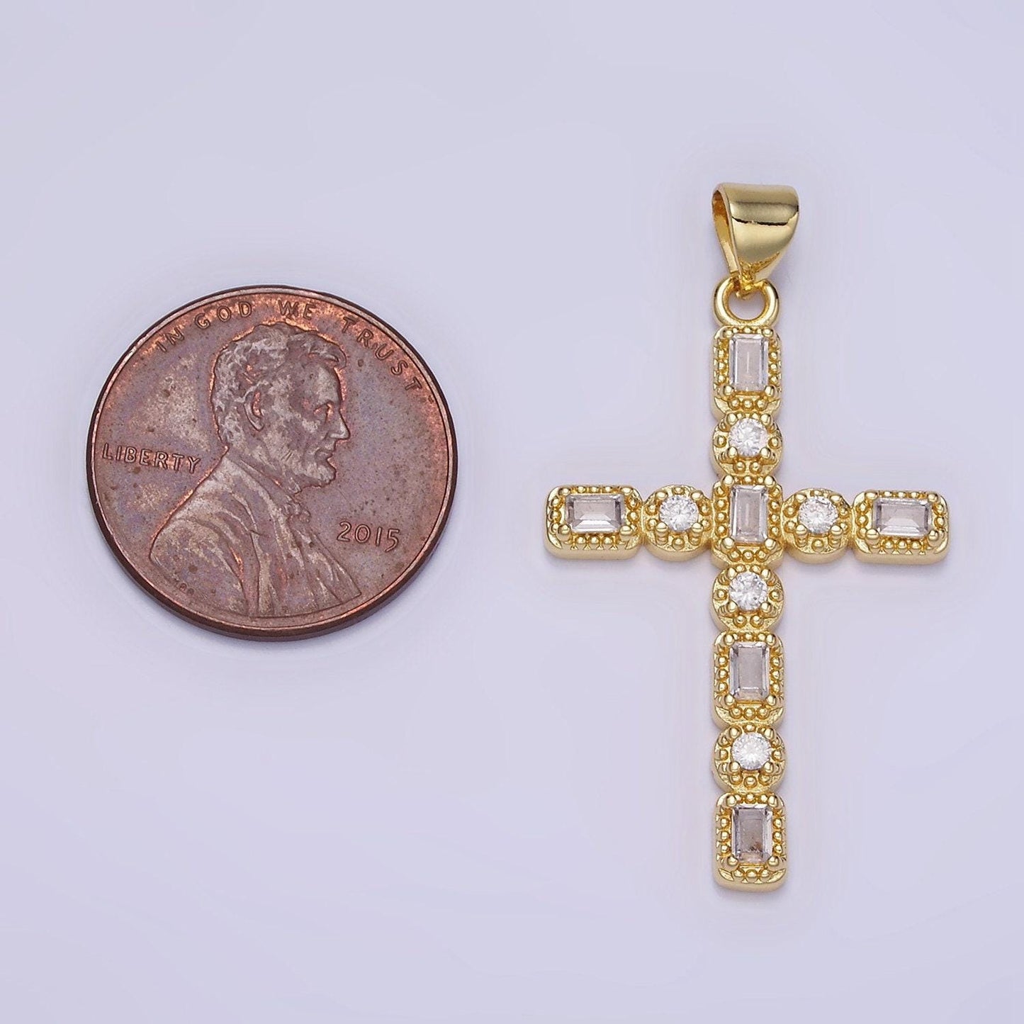 14k gold filled cz baguette round dotted bezel latin religious cross pendant in gold & silver | aa-1205