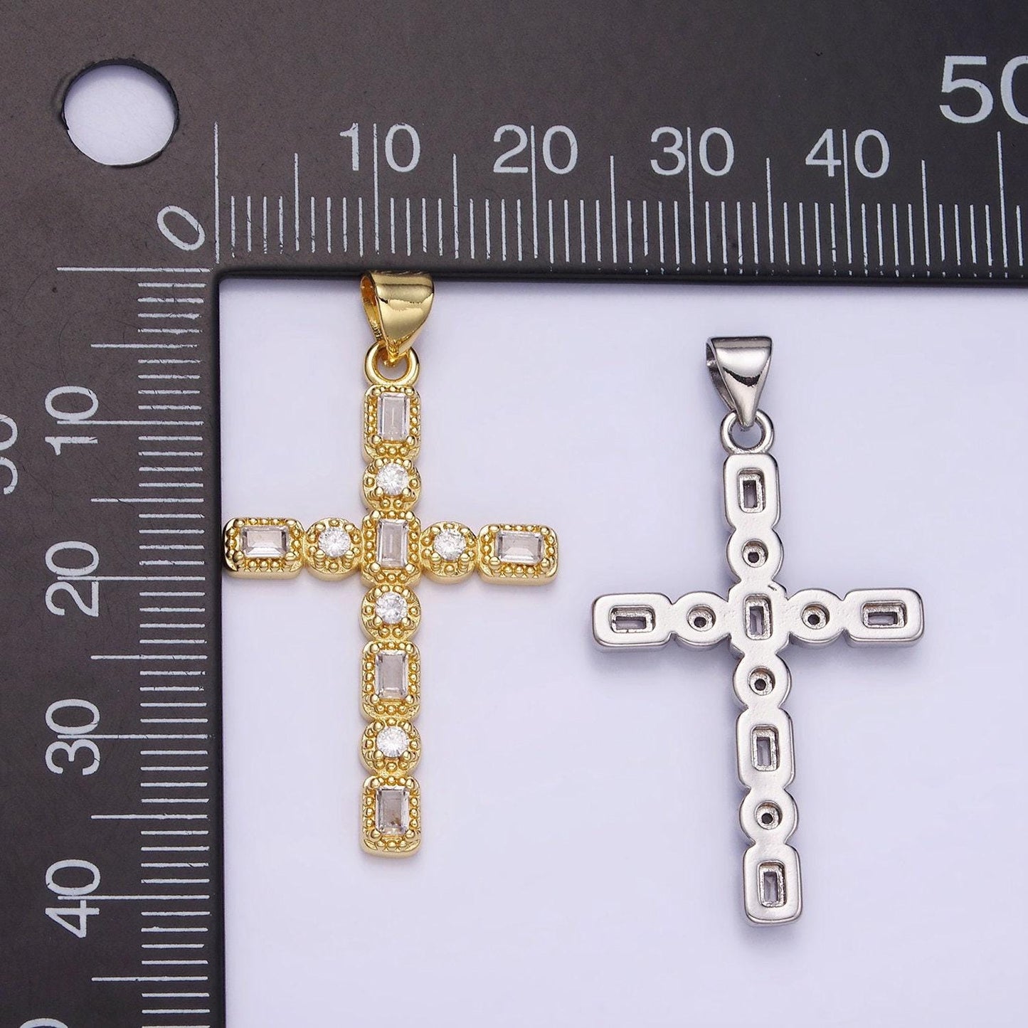 14k gold filled cz baguette round dotted bezel latin religious cross pendant in gold & silver | aa-1205