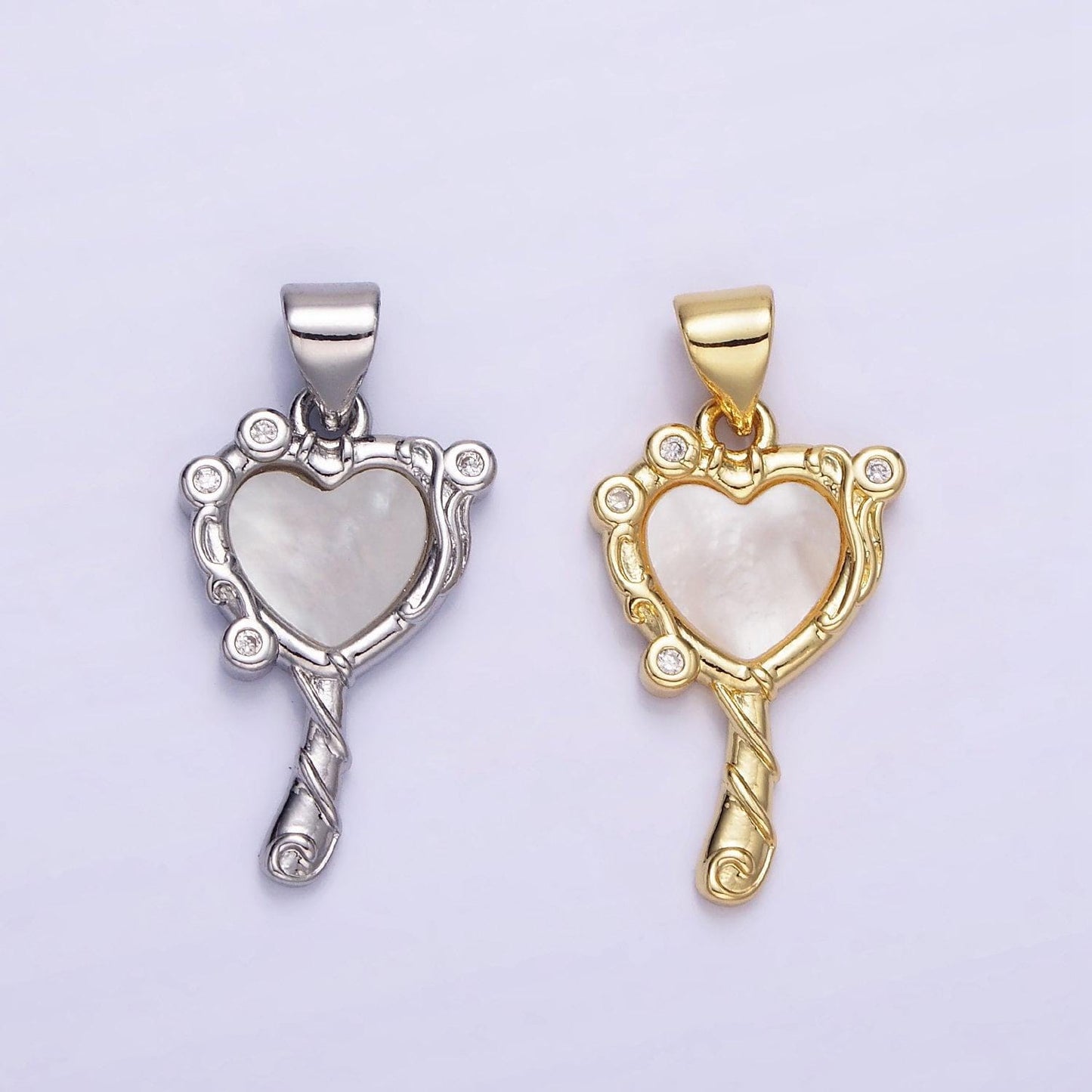 14k gold filled heart mirror shaped charm with shell pearl pendant in gold and silver aa-1189