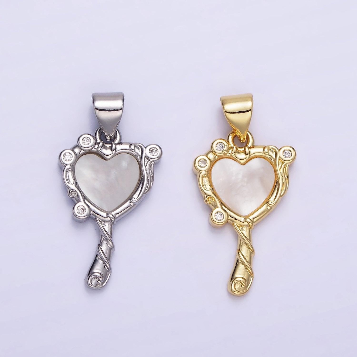 14k gold filled heart mirror shaped charm with shell pearl pendant in gold and silver aa-1189