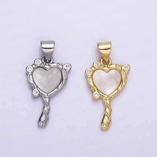 14k gold filled heart mirror shaped charm with shell pearl pendant in gold and silver aa-1189