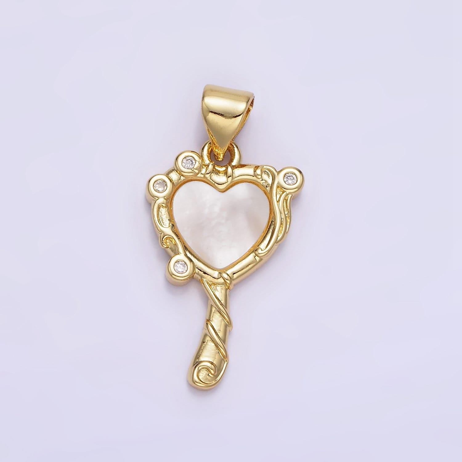 14k gold filled heart mirror shaped charm with shell pearl pendant in gold and silver aa-1189