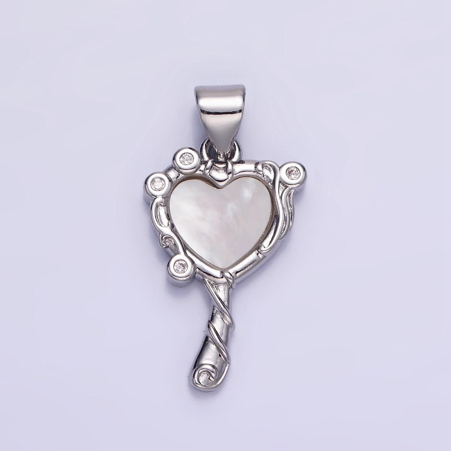 14k gold filled heart mirror shaped charm with shell pearl pendant in gold and silver aa-1189