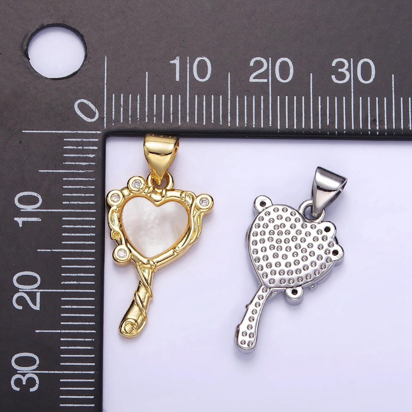 14k gold filled heart mirror shaped charm with shell pearl pendant in gold and silver aa-1189