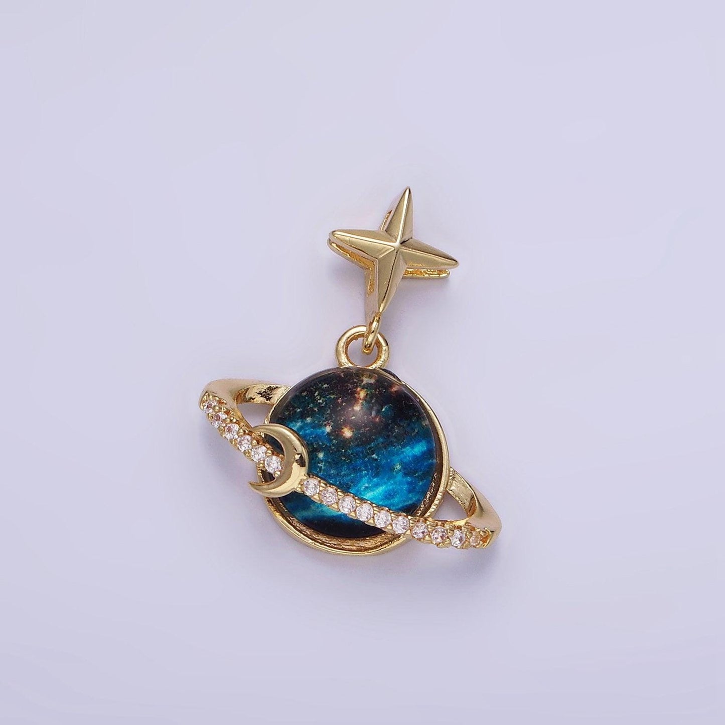 14k gold filled celestial saturn planet micro paved cz star bail pendant | aa-1186