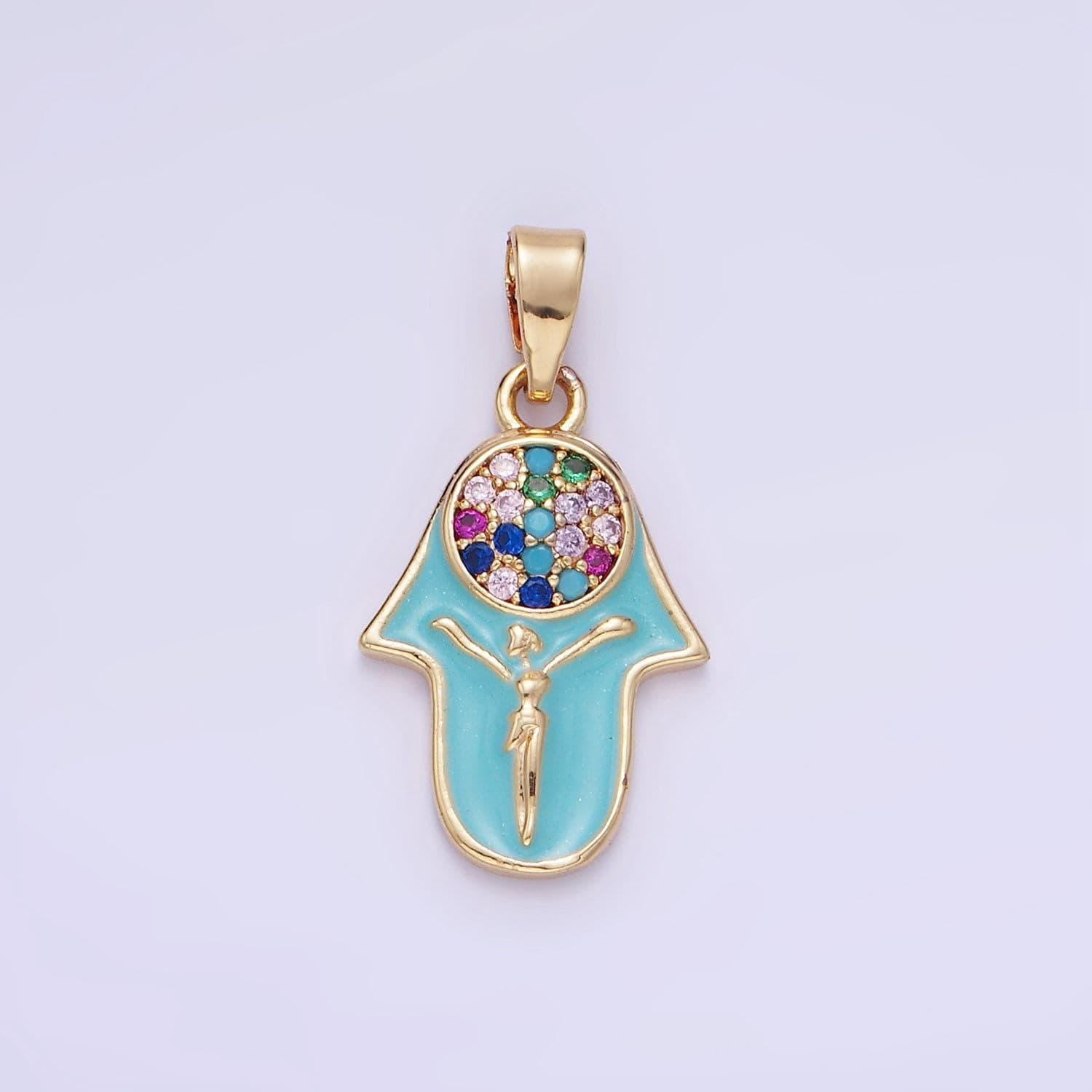 14k gold filled multicolor micro paved cz hamsa hand enamel pendant | aa-1182