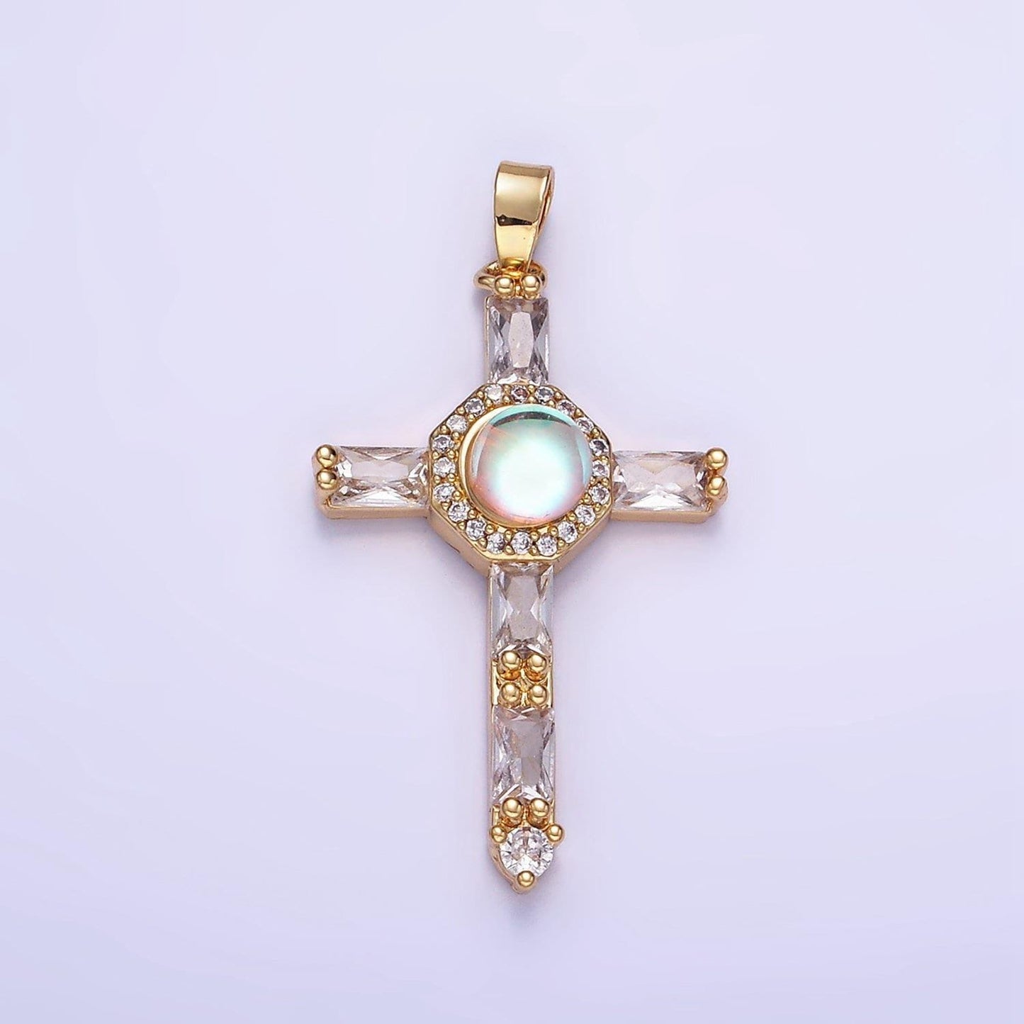 14k gold filled moonstone micro paved baguette lined cross pendant for religious jewelry making supply | aa-1178