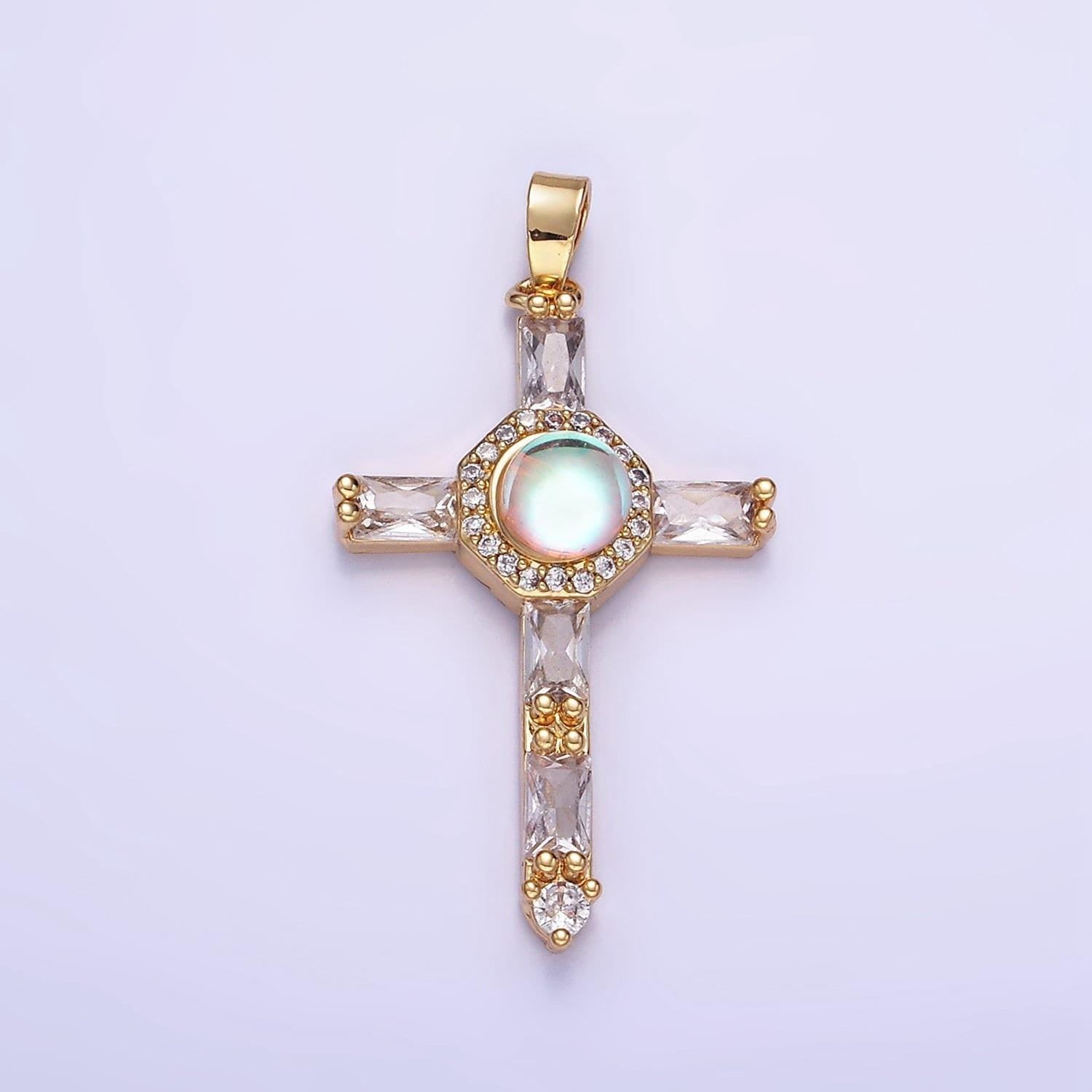 14k gold filled moonstone micro paved baguette lined cross pendant for religious jewelry making supply | aa-1178