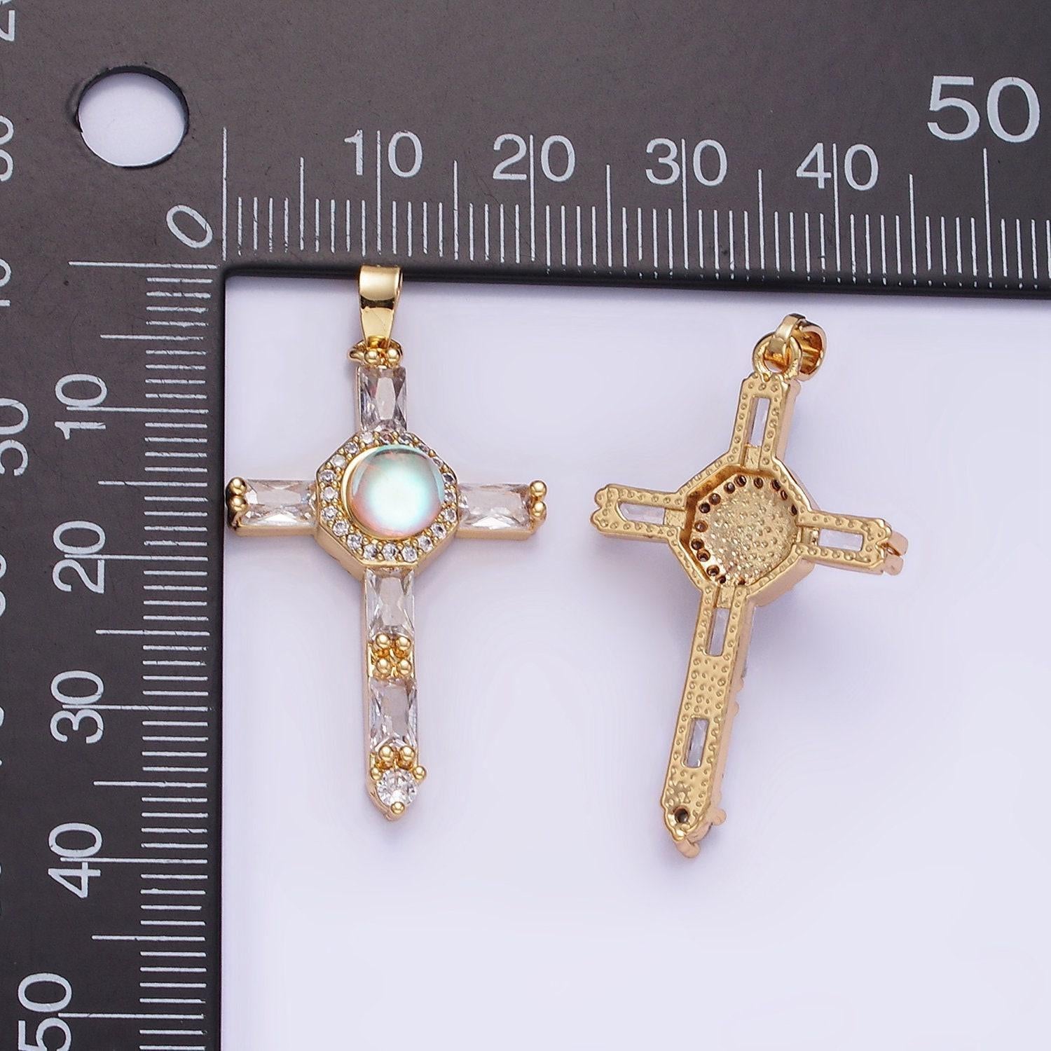 14k gold filled moonstone micro paved baguette lined cross pendant for religious jewelry making supply | aa-1178