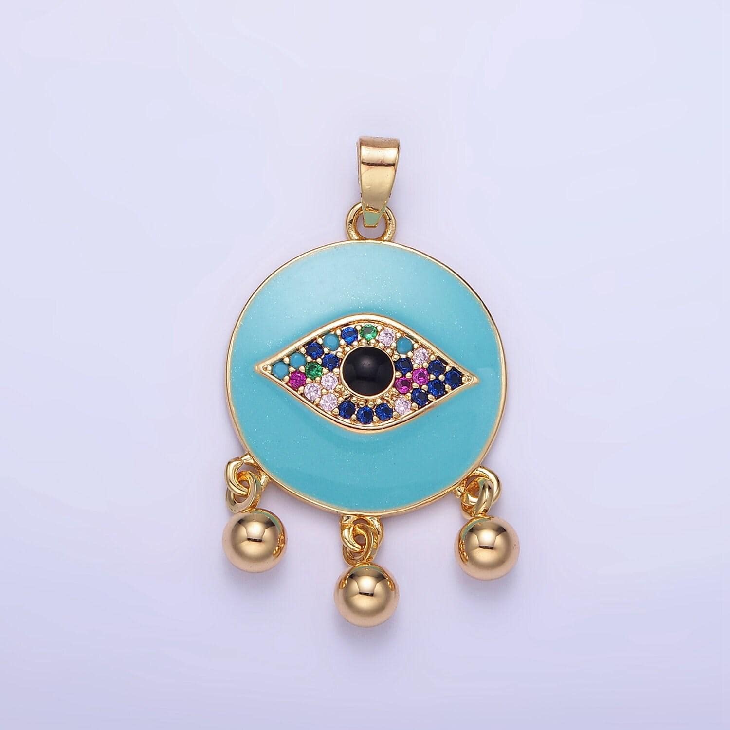 14k gold filled triple bead drop multicolor micro paved cz evil eye teal enamel round pendant | aa-1172