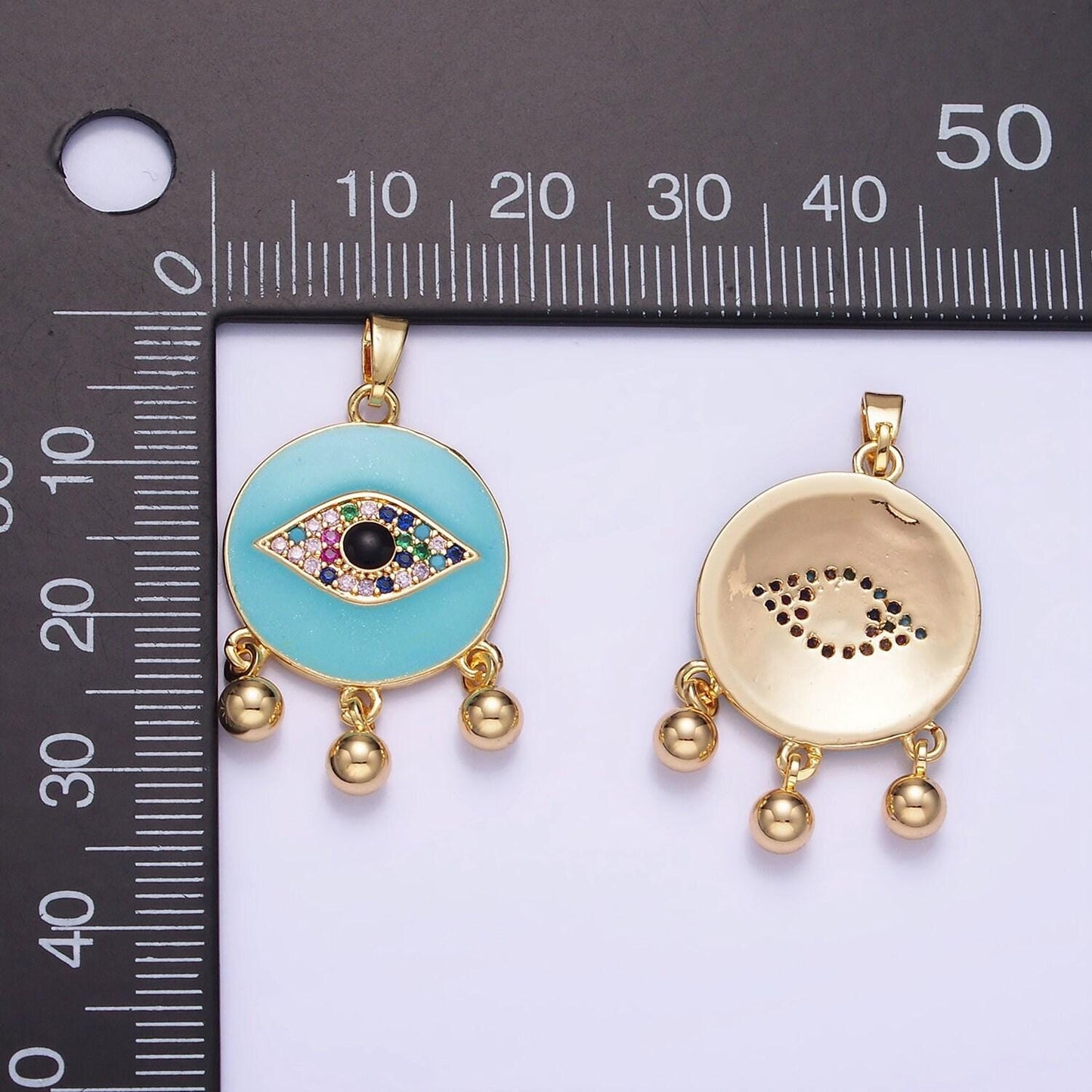 14k gold filled triple bead drop multicolor micro paved cz evil eye teal enamel round pendant | aa-1172